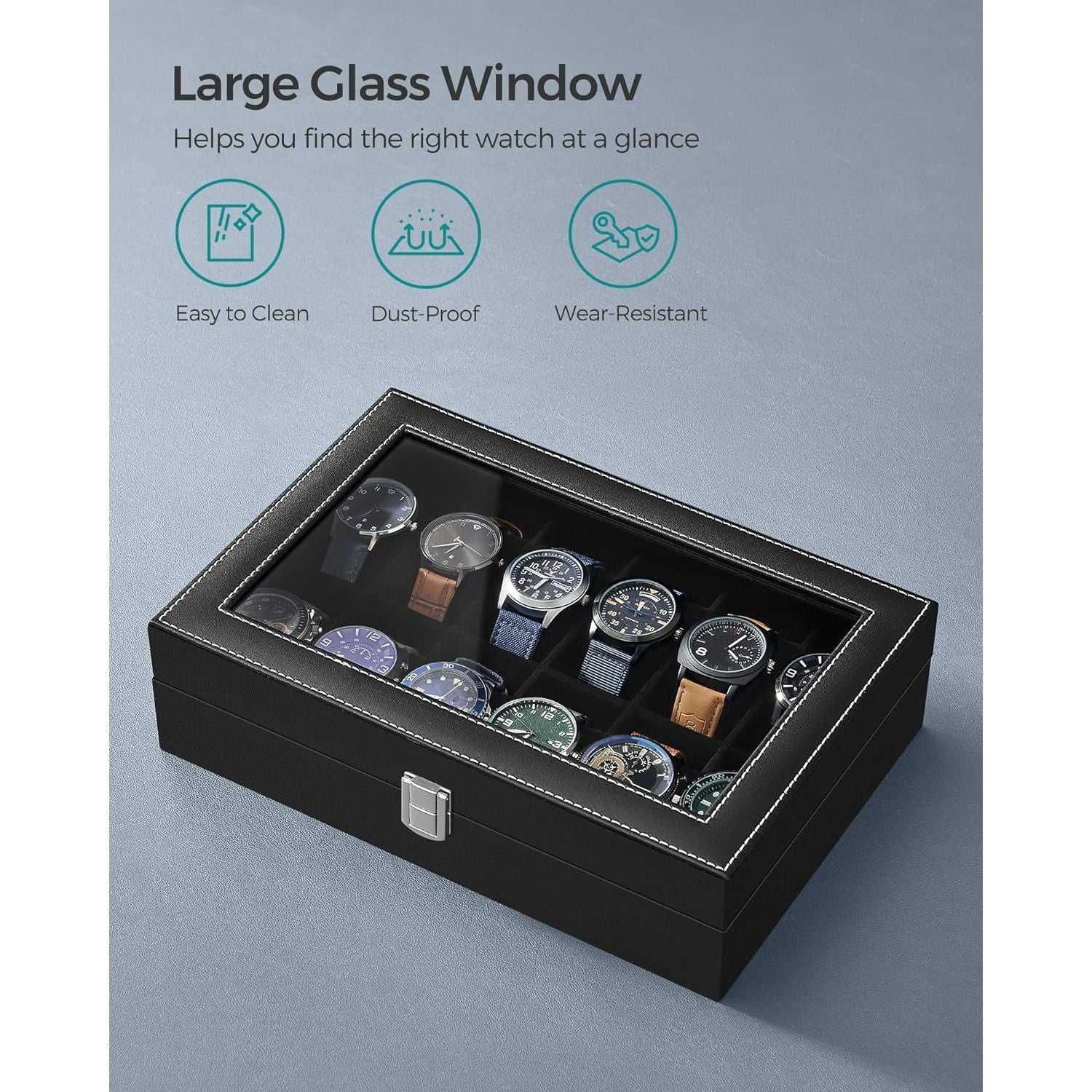 SONGMICS 12-Slot Watch Box with Large Glass Lid and Removable Watch Pillows Black Lining