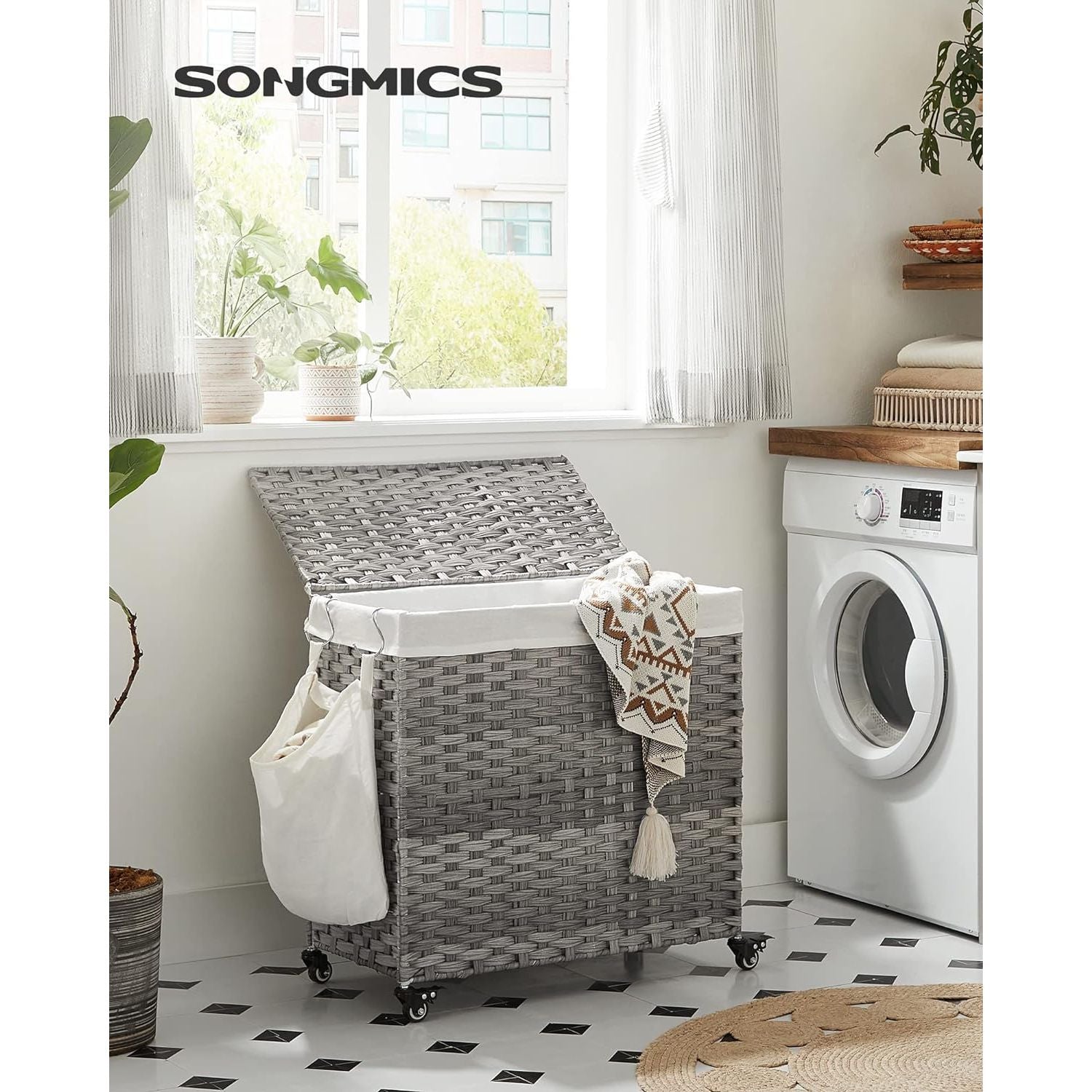 SONGMICS Laundry Hamper with Lid and Wheels 140L Grey