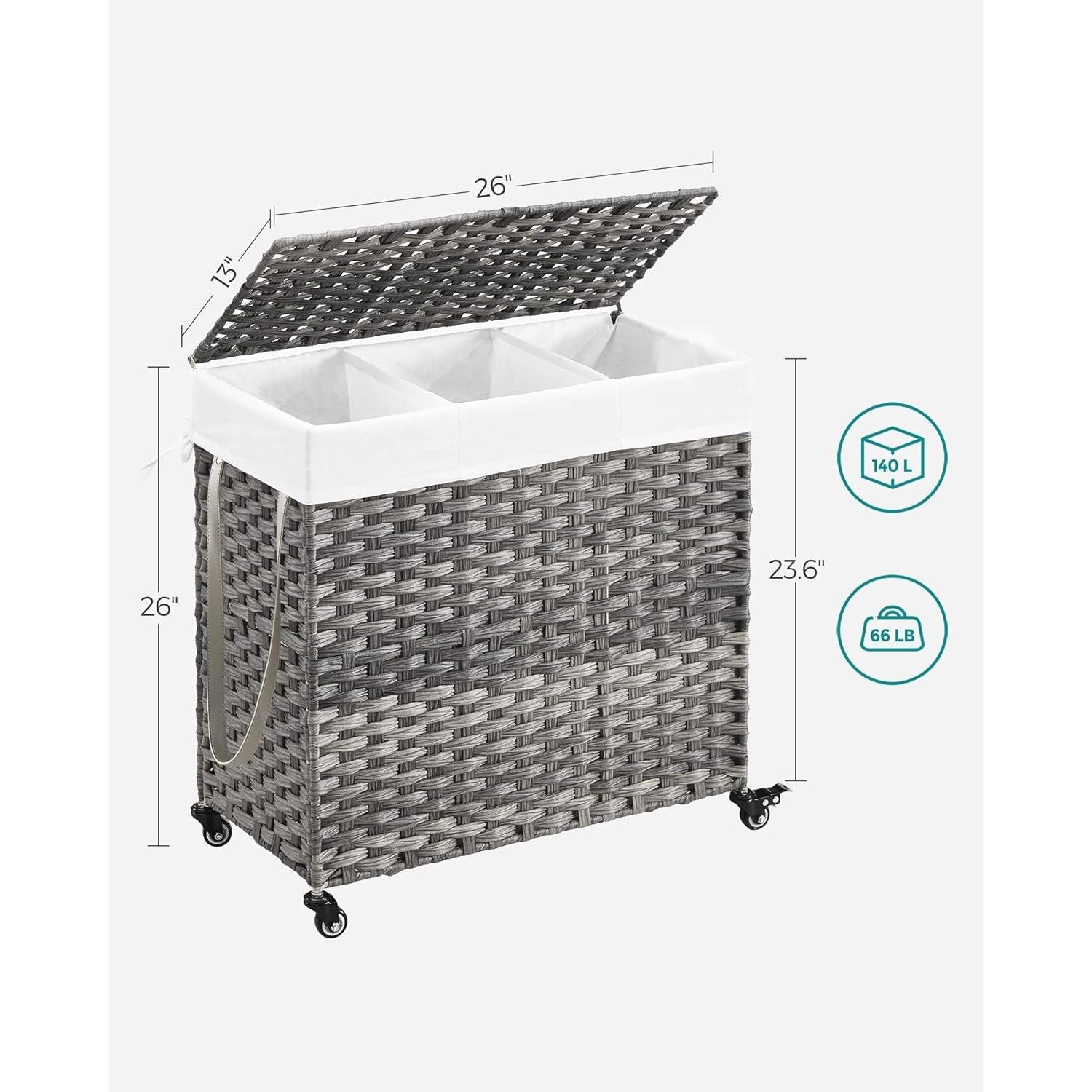 SONGMICS Laundry Hamper with Lid and Wheels 140L Grey