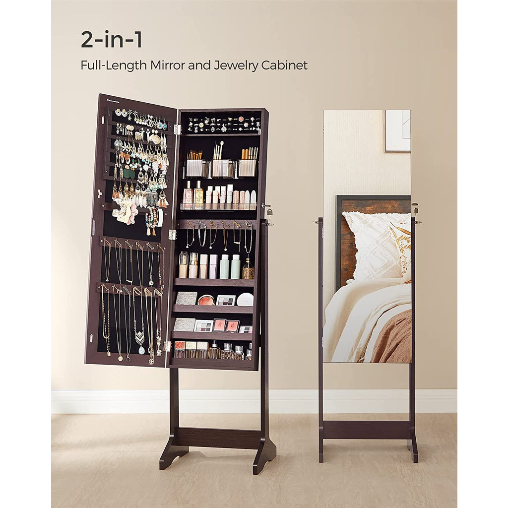 SONGMICS Jewelry Cabinet Armoire with Full-Length Frameless Mirror Brown JJC002K01