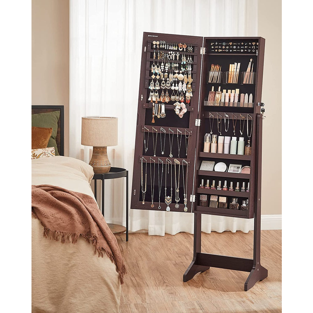 SONGMICS Jewelry Cabinet Armoire with Full-Length Frameless Mirror Brown JJC002K01