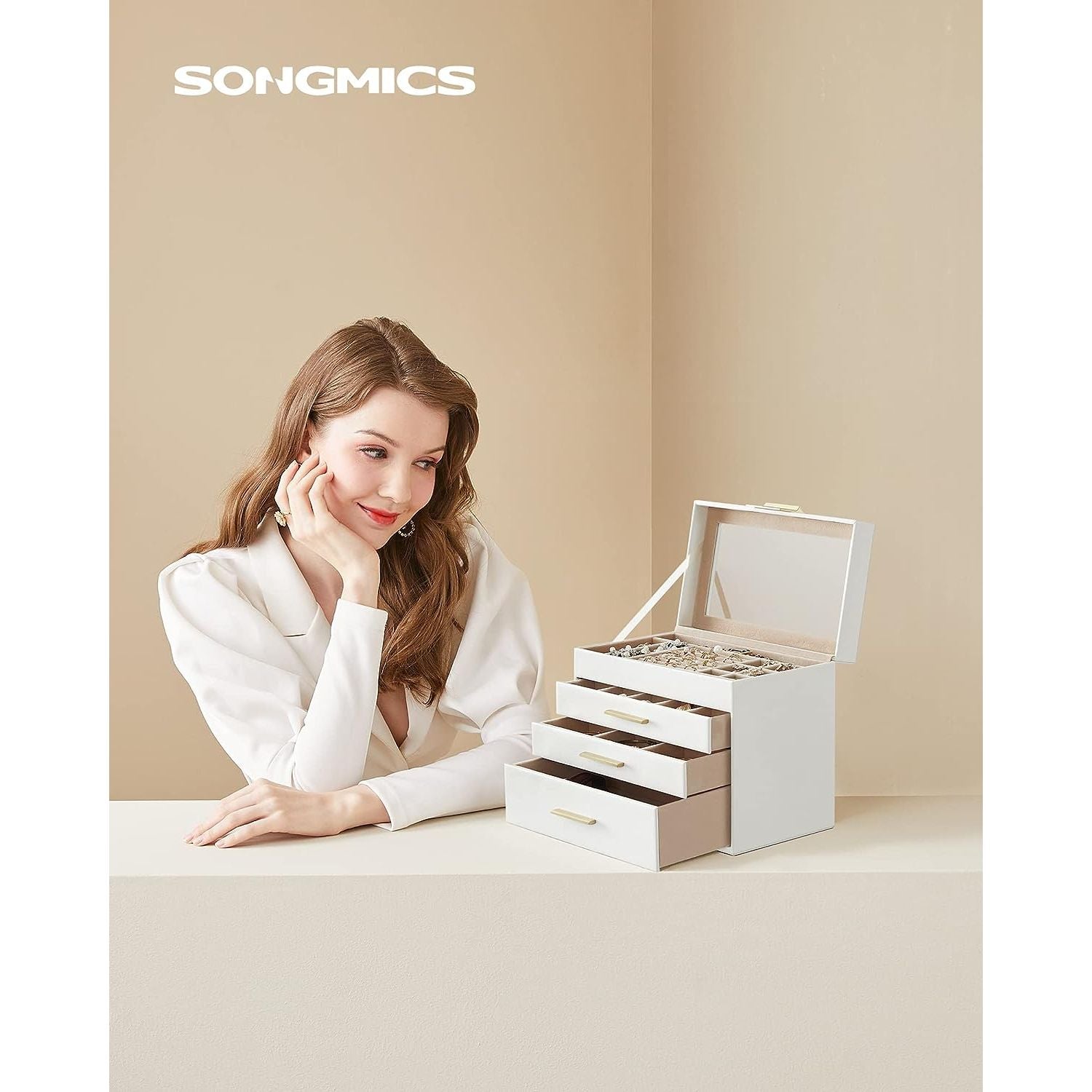 SONGMICS 4-Layer Jewelry Box with 3 Drawers and Glass Lid Cloud White and Gold Color