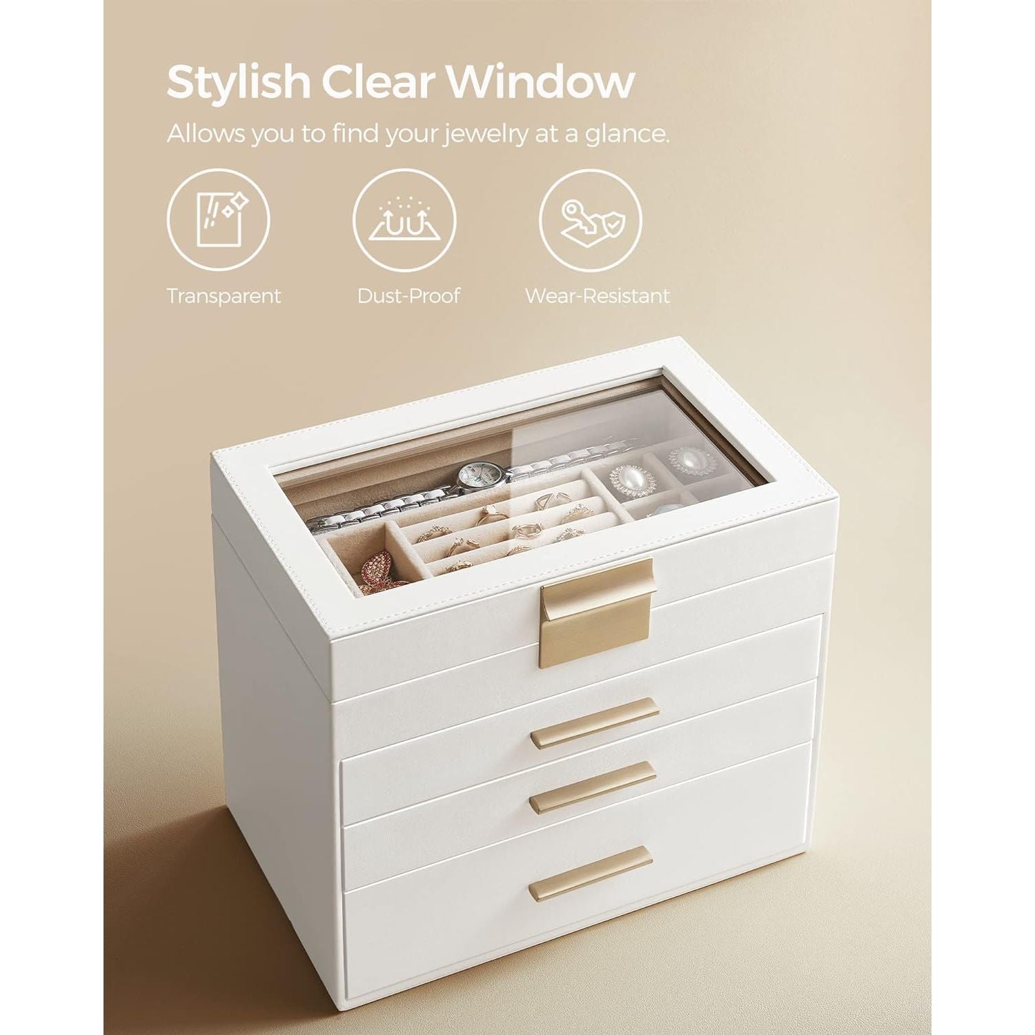 SONGMICS 4-Layer Jewelry Box with 3 Drawers and Glass Lid Cloud White and Gold Color