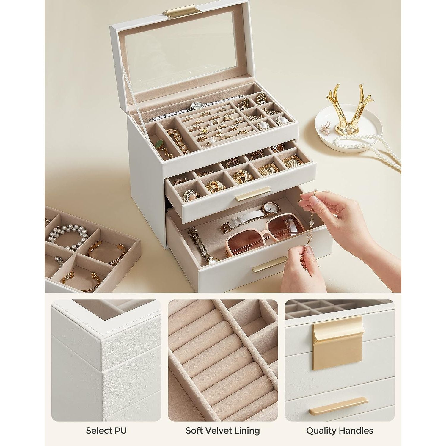 SONGMICS 4-Layer Jewelry Box with 3 Drawers and Glass Lid Cloud White and Gold Color