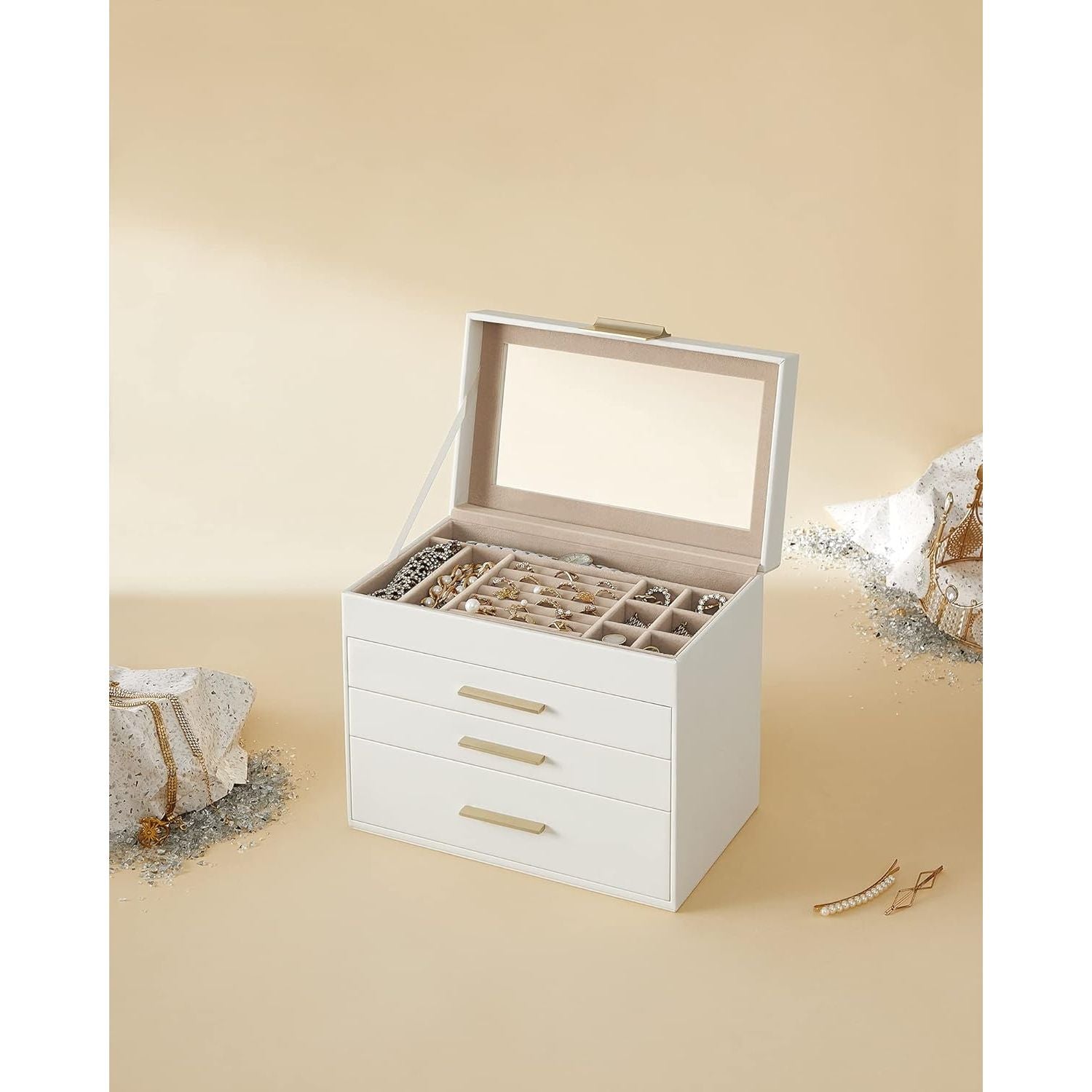 SONGMICS 4-Layer Jewelry Box with 3 Drawers and Glass Lid Cloud White and Gold Color