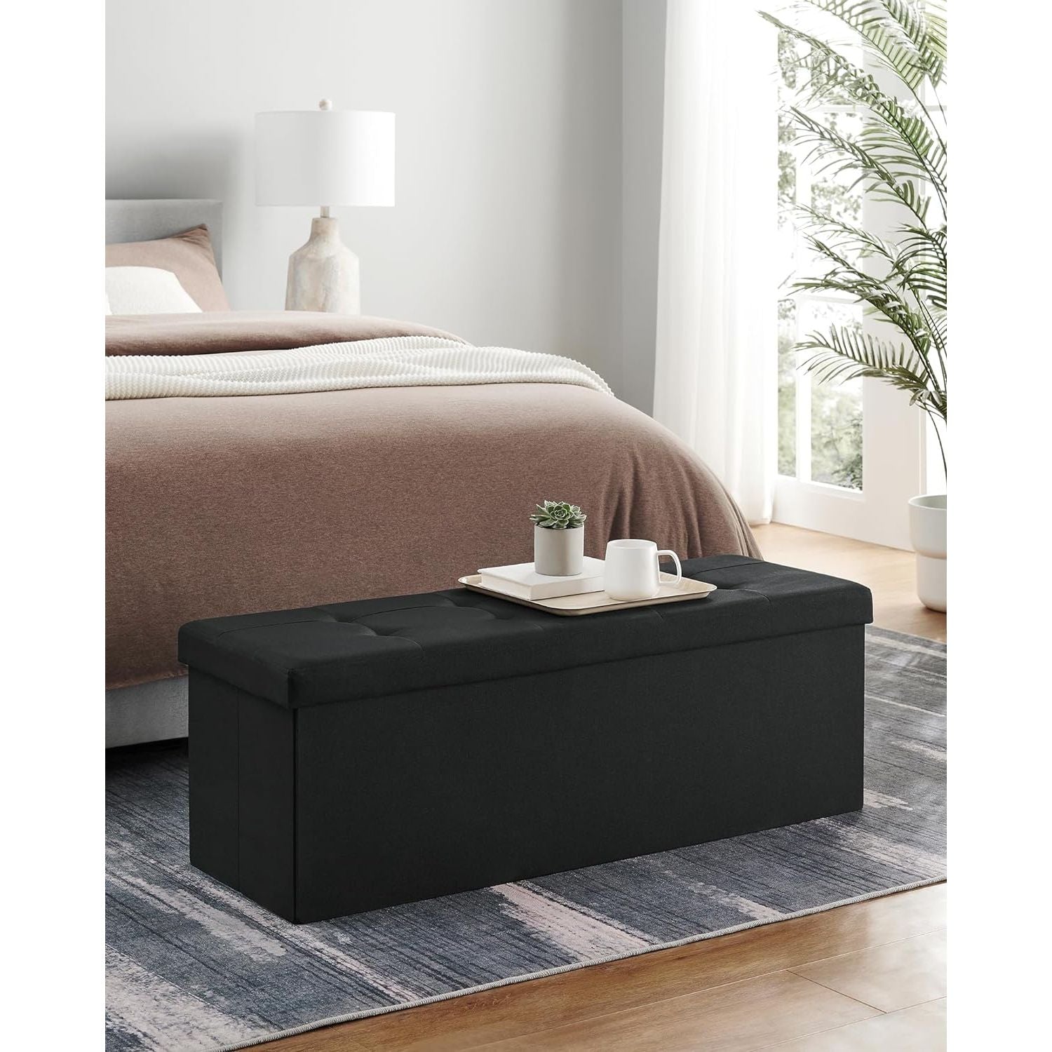 SONGMICS 110cm Foldable Bench with Storage Space and Divider Black