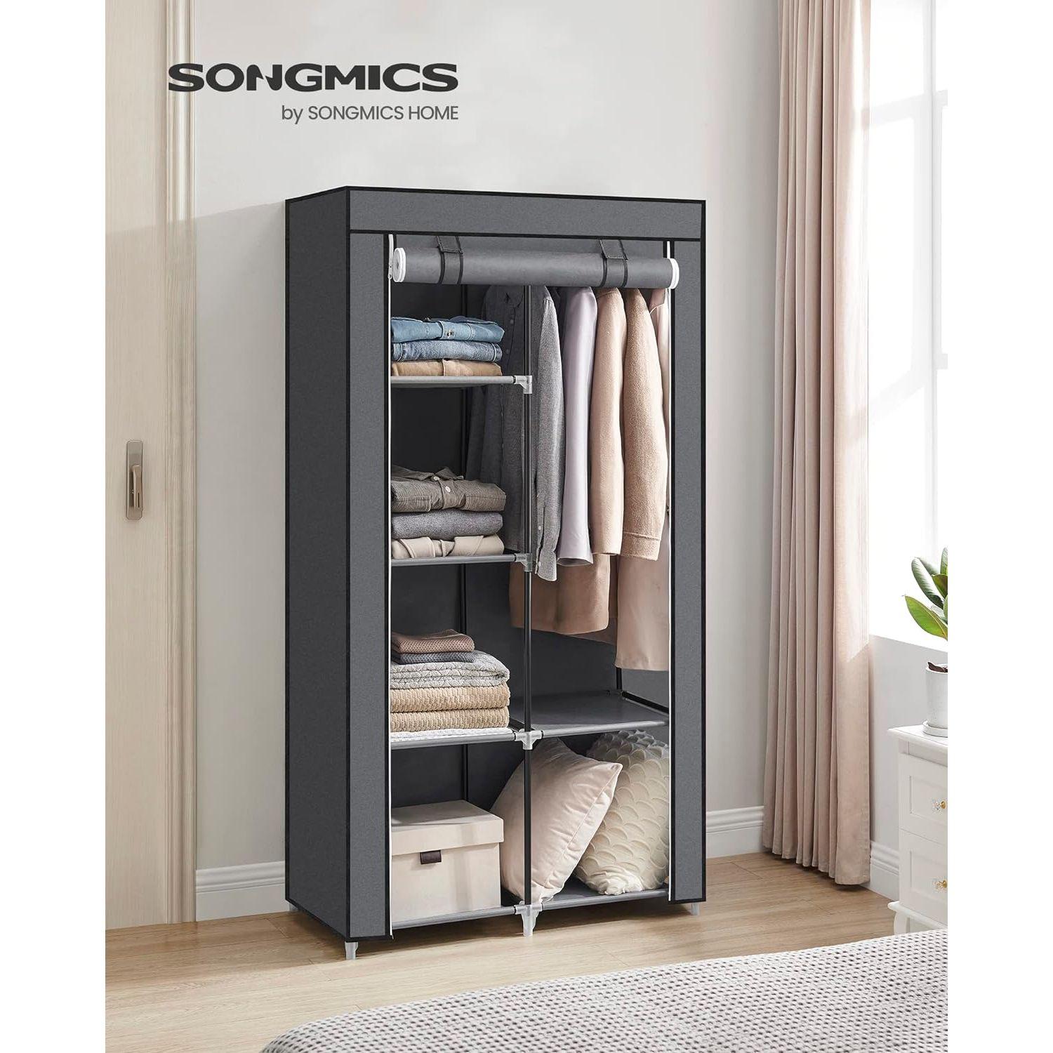 SONGMICS Portable Clothes Storage with 6 Shelves and 1 Clothes Hanging Rail Grey