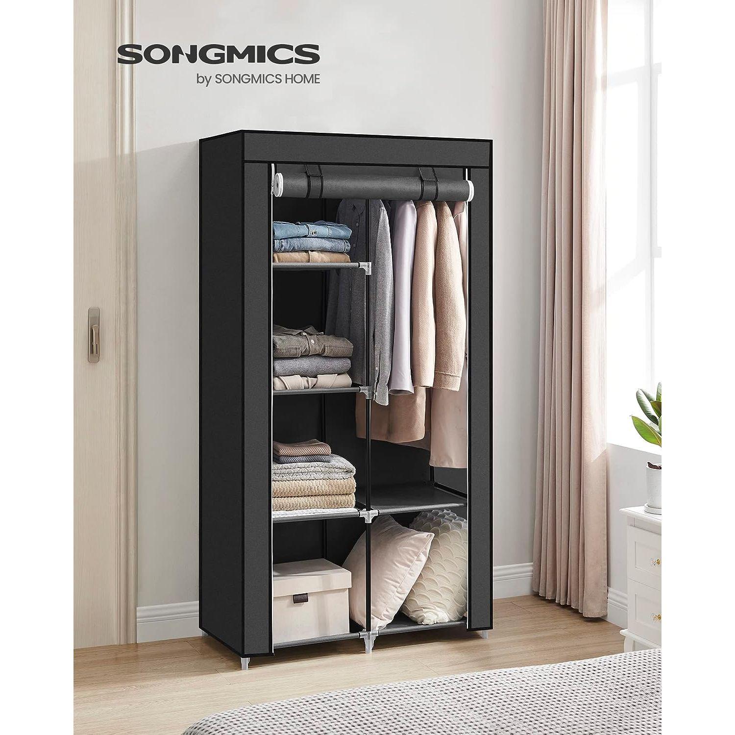 SONGMICS Portable Clothes Storage with 6 Shelves and 1 Clothes Hanging Rail Black