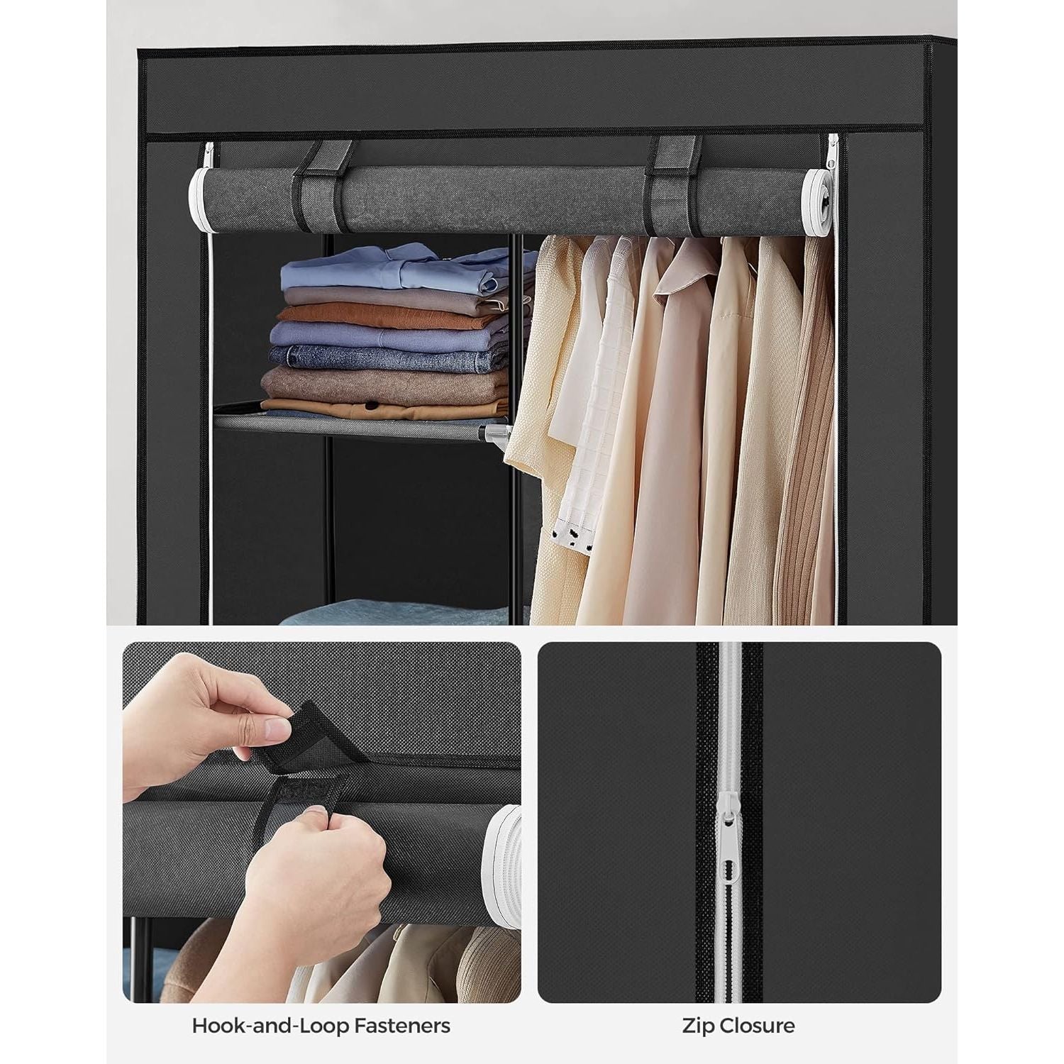 SONGMICS Portable Clothes Storage with 6 Shelves and 1 Clothes Hanging Rail Black