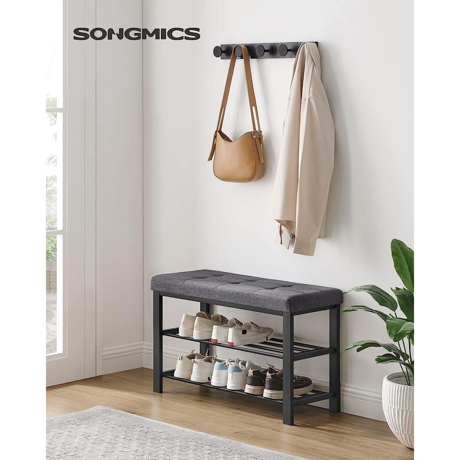 SONGMICS 3-Tier Metal Shoe Bench Storage Foam Padded Seat Dark Grey and Black