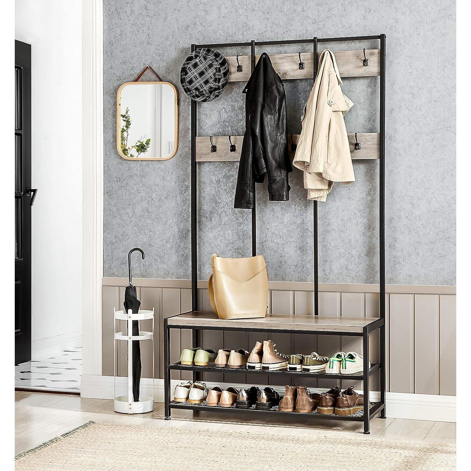 VASAGLE Large Coat Rack Stand with 12 Hooks and Shoe Bench Greige and Black HSR086B02V1