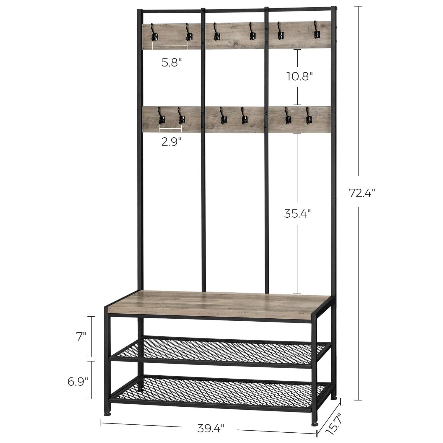 VASAGLE Large Coat Rack Stand with 12 Hooks and Shoe Bench Greige and Black HSR086B02V1