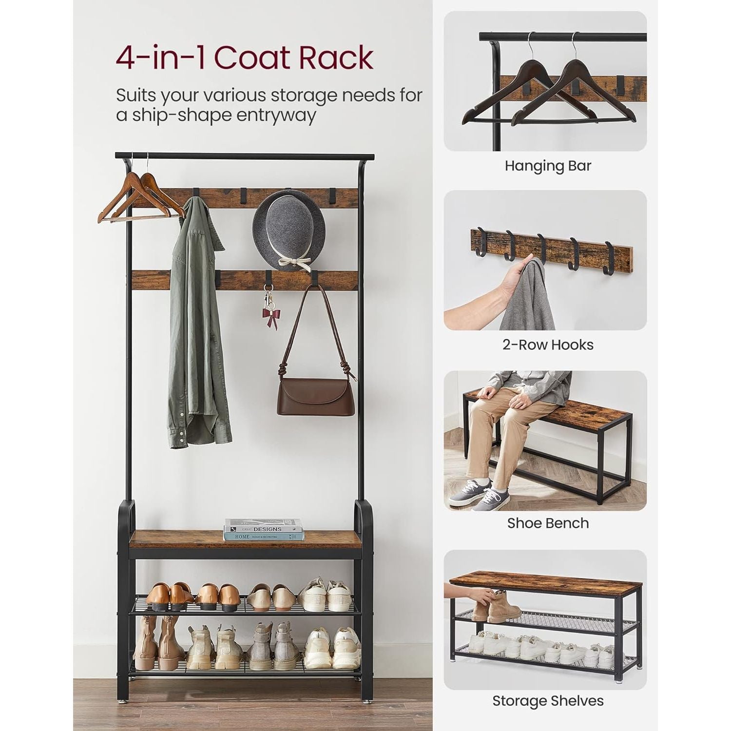 VASAGLE 4-in-1 Coat Rack with Shoe Bench and 9 Removable Hooks Rustic Brown and Black HSR400B01V1