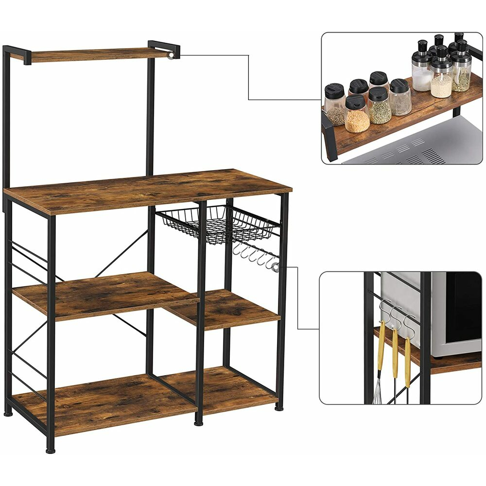 VASAGLE Baker’s Rack with Shelves Microwave Stand with Wire Basket 6 S-Hooks Rustic Brown KKS35X