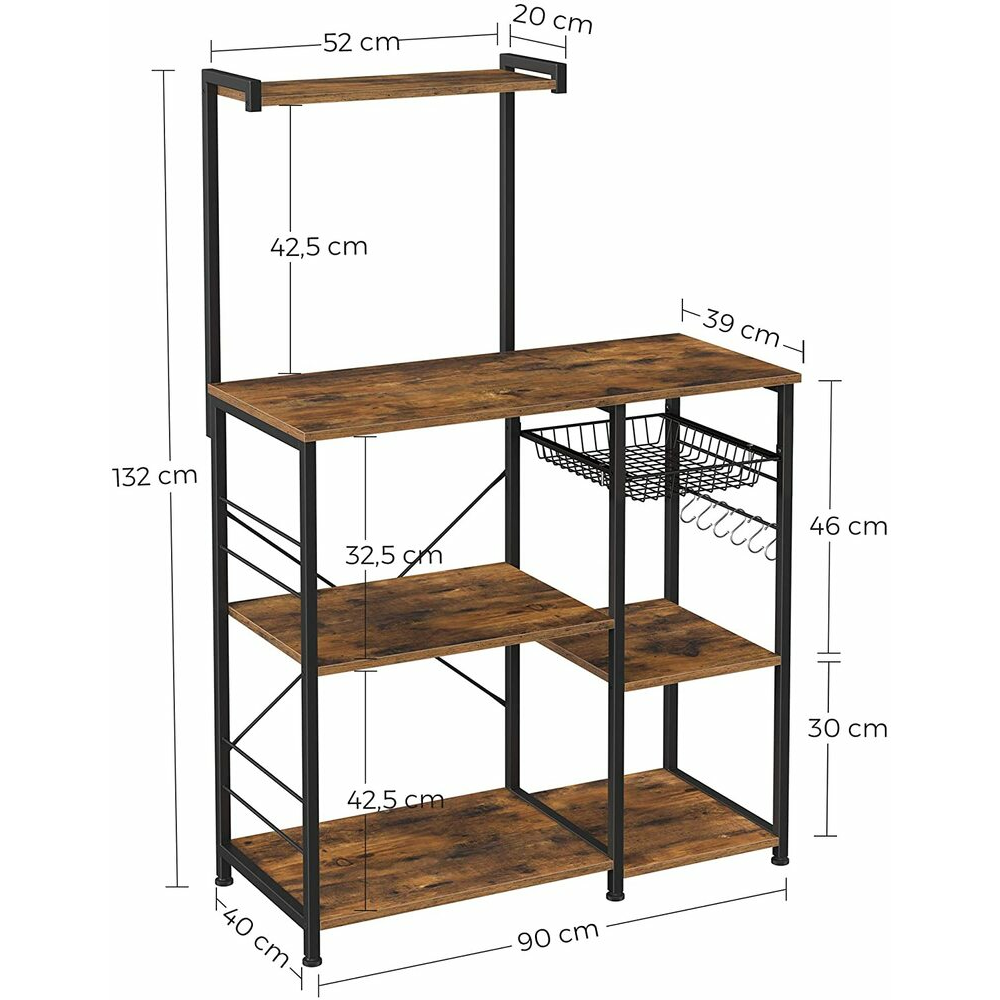 VASAGLE Baker’s Rack with Shelves Microwave Stand with Wire Basket 6 S-Hooks Rustic Brown KKS35X