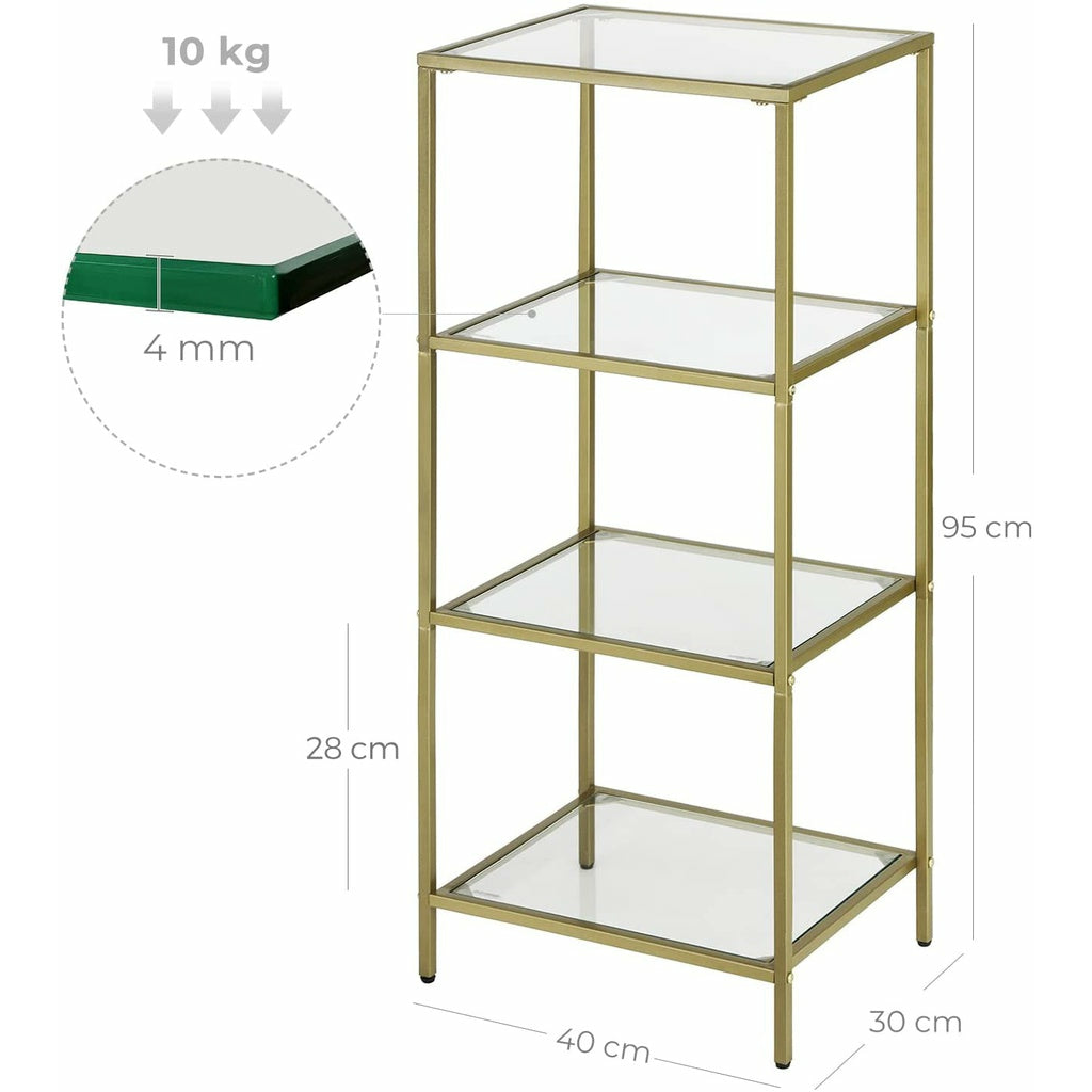 VASAGLE Storage Shelf 4-Tier Tempered Glass Gold LGT029A01