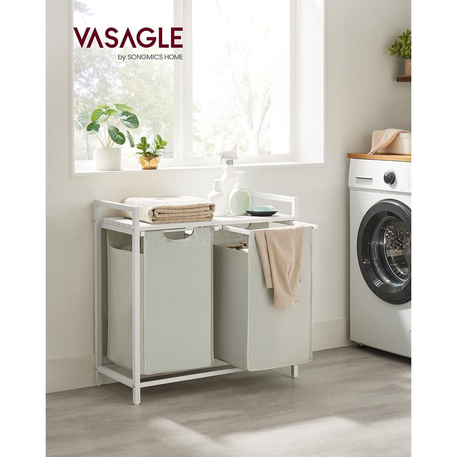 VASAGLE Laundry Hamper with Shelf and Pull-Out Bags 2 x 46L White BLH201W01