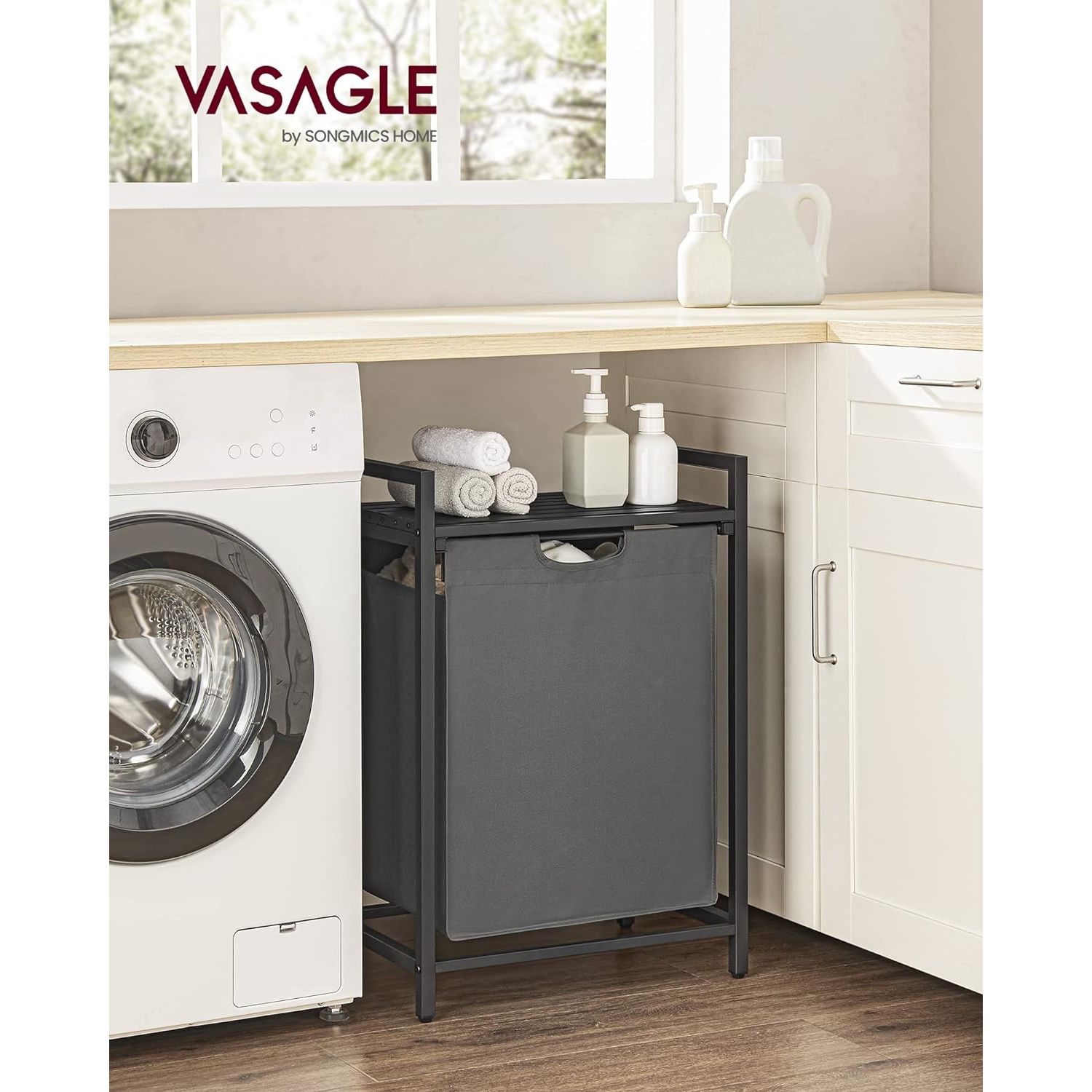 VASAGLE Laundry Hamper with Shelf and Pull-Out Bag 65L Black and Gray BLH101G01