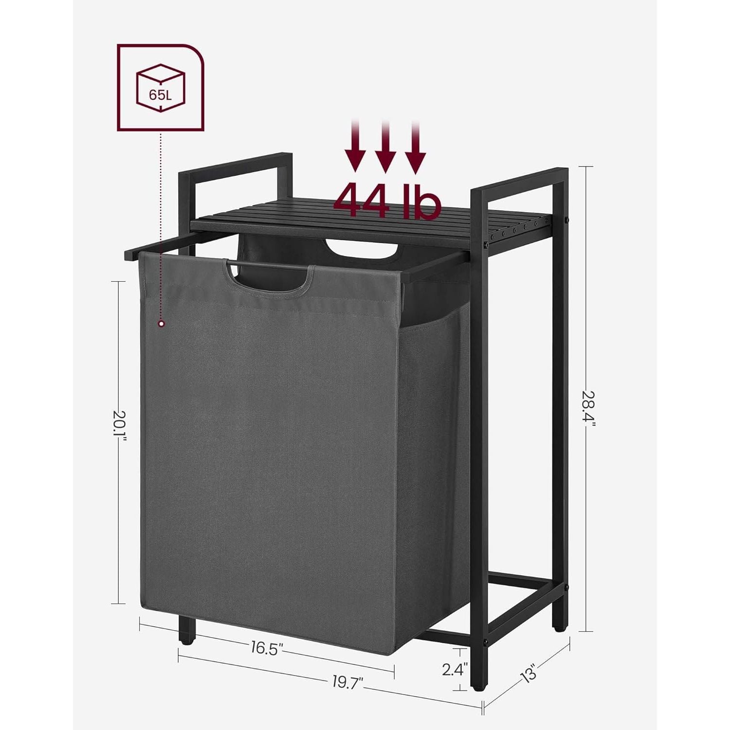 VASAGLE Laundry Hamper with Shelf and Pull-Out Bag 65L Black and Gray BLH101G01