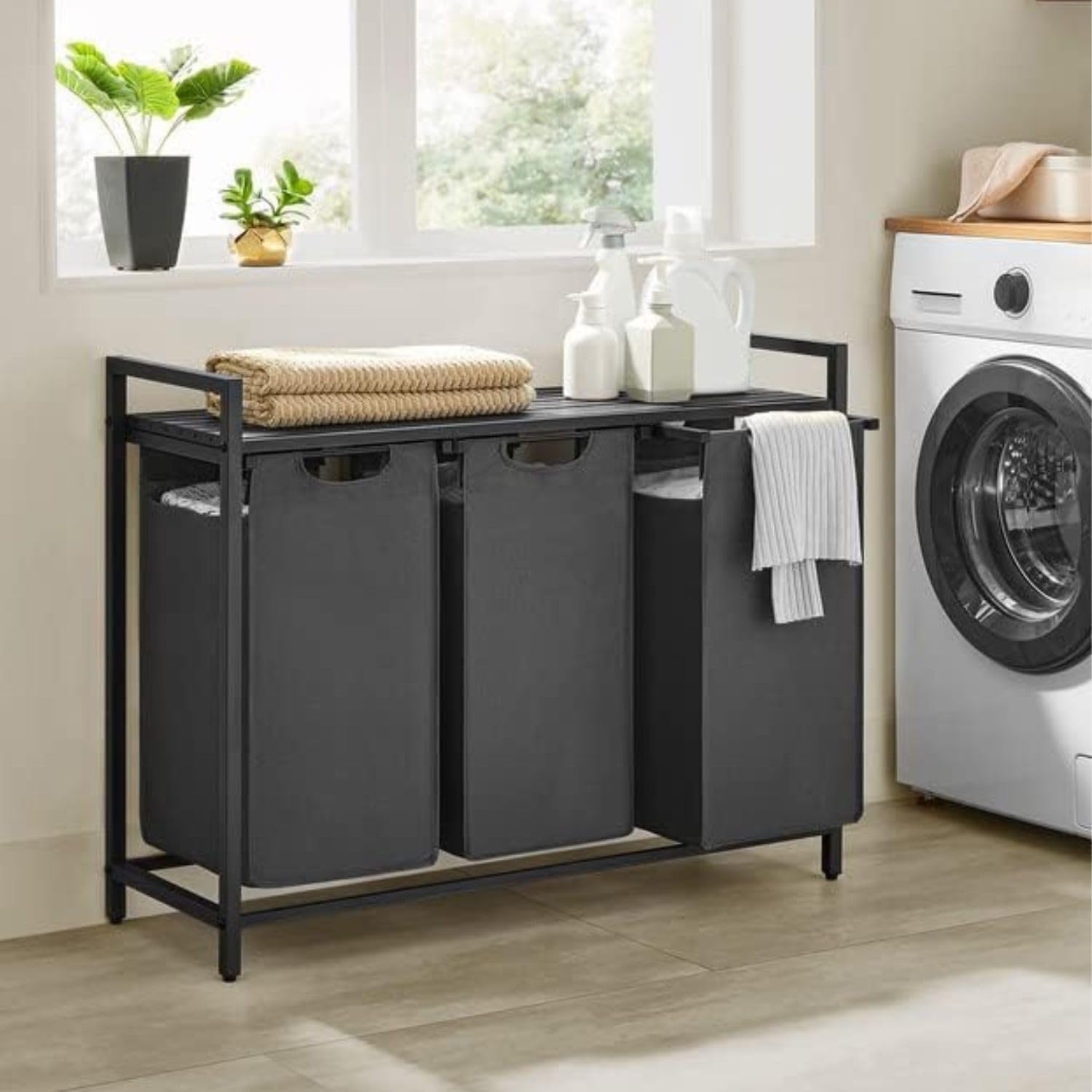 VASAGLE Laundry Hamper with Shelf and Pull-Out Bag 3 x 38L Black and Gray BLH301G01