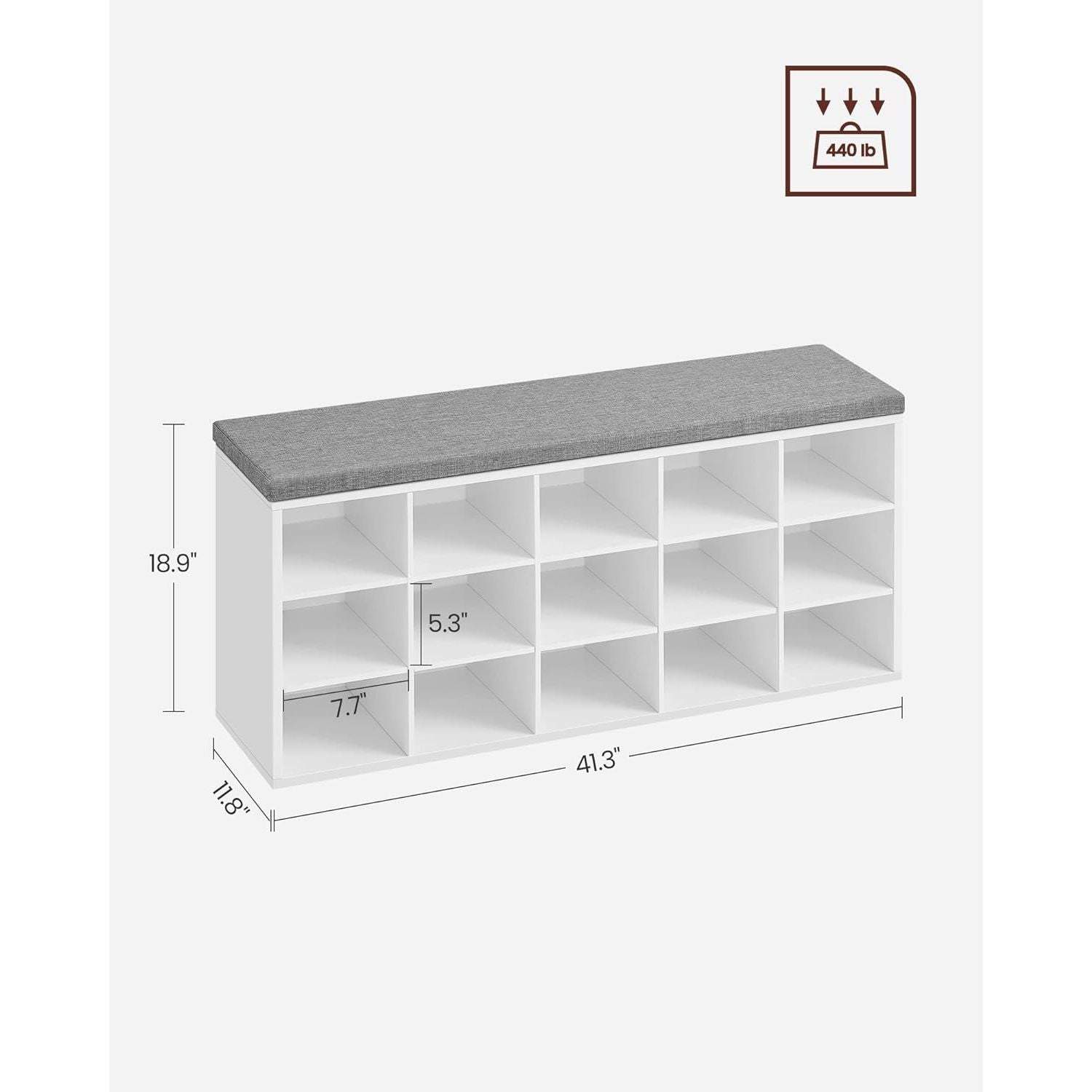 VASAGLE Storage Shoe Bench 15 Compartments with Cushion White and Grey