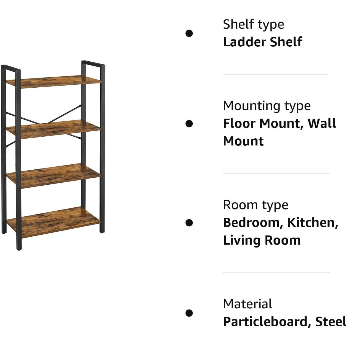 VASAGLE 4-Tier Bookshelf Storage Rack with Steel Frame for Living Room Office Study Hallway Industrial Style Rustic Brown and Black