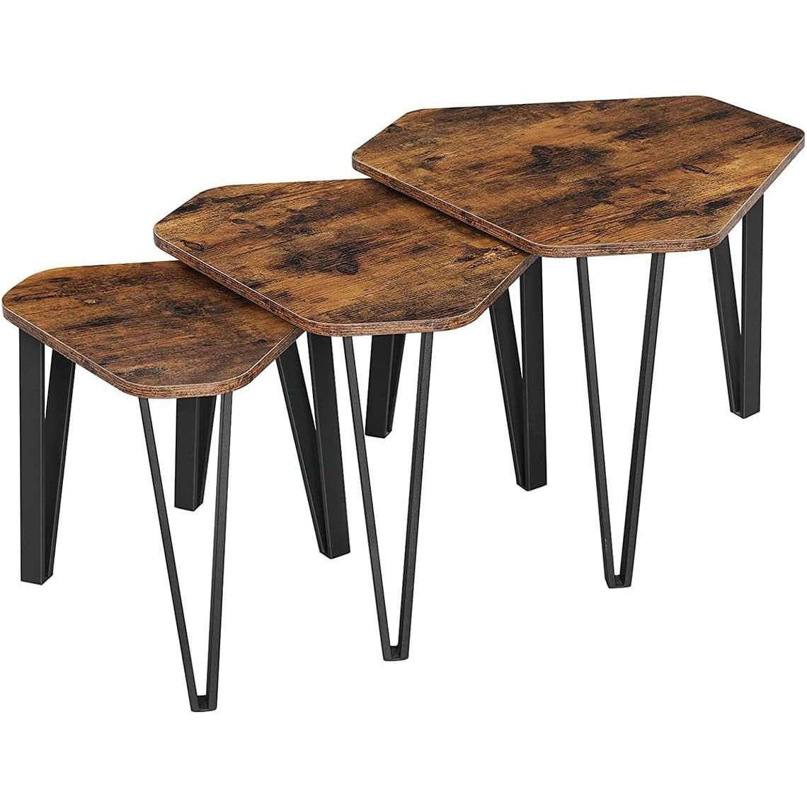 VASAGLE Nesting Coffee Table Set of 3 Rustic Brown and Black LNT14BXV1