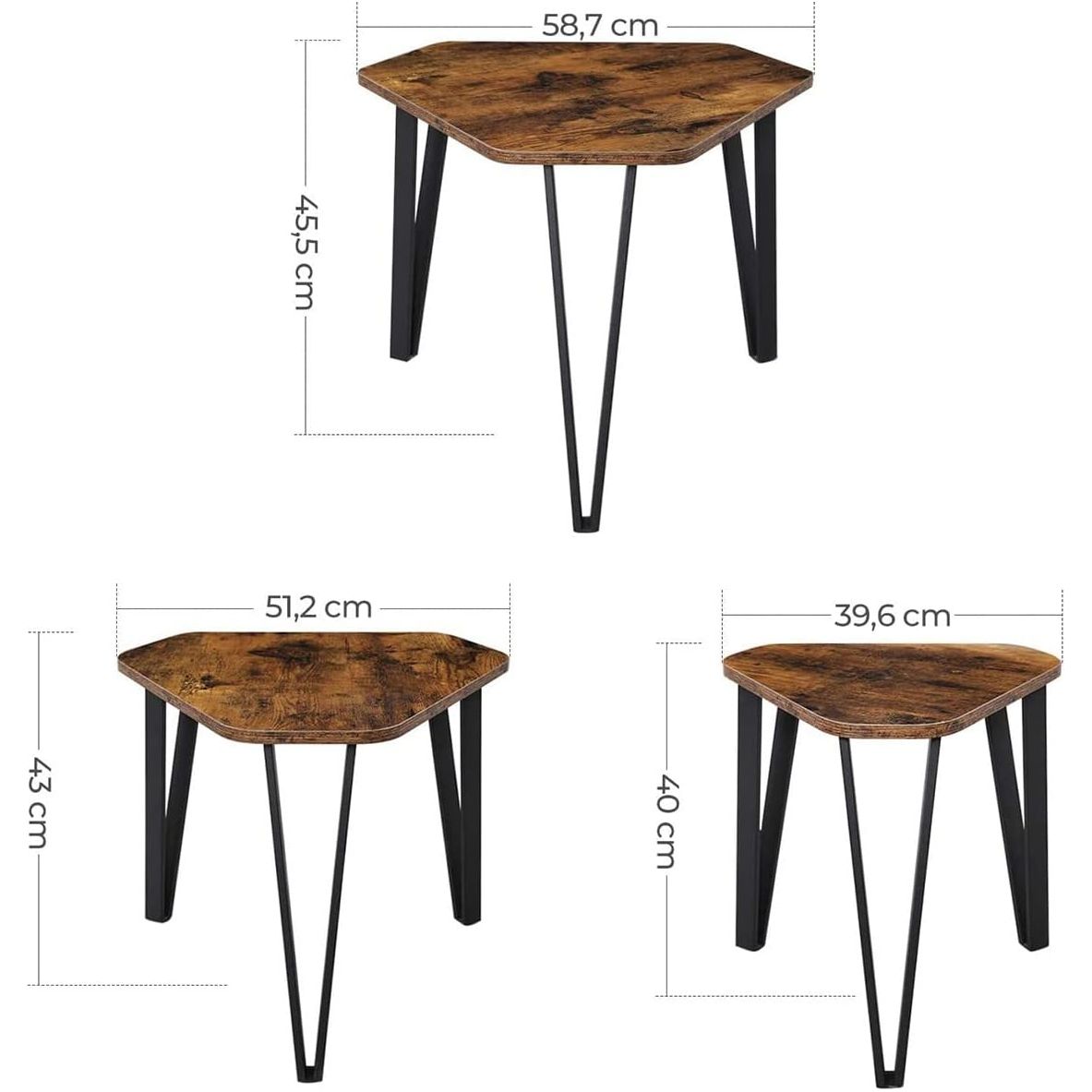 VASAGLE Nesting Coffee Table Set of 3 Rustic Brown and Black LNT14BXV1