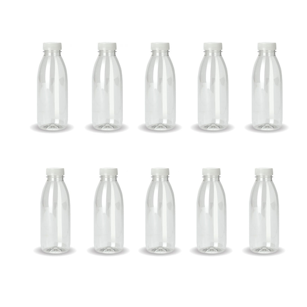 10x 300ml PET Juice Bottles + Tamper Evident Caps - Empty Plastic Recyclable Clear