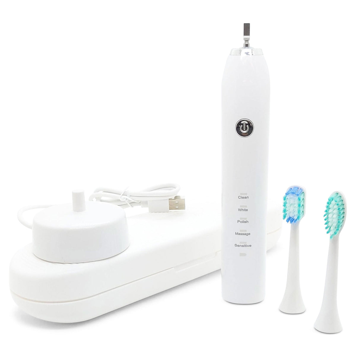 Sonic Electric Toothbrush White USB Wireless Charging Smart 5 Modes 2 Heads Case