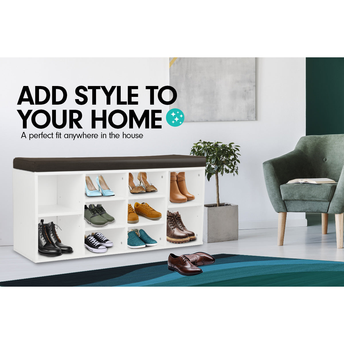 Sarantino Shoe Rack Cabinet Organiser Brown Cushion Bench Stool - 104 X 30 X 45 - White