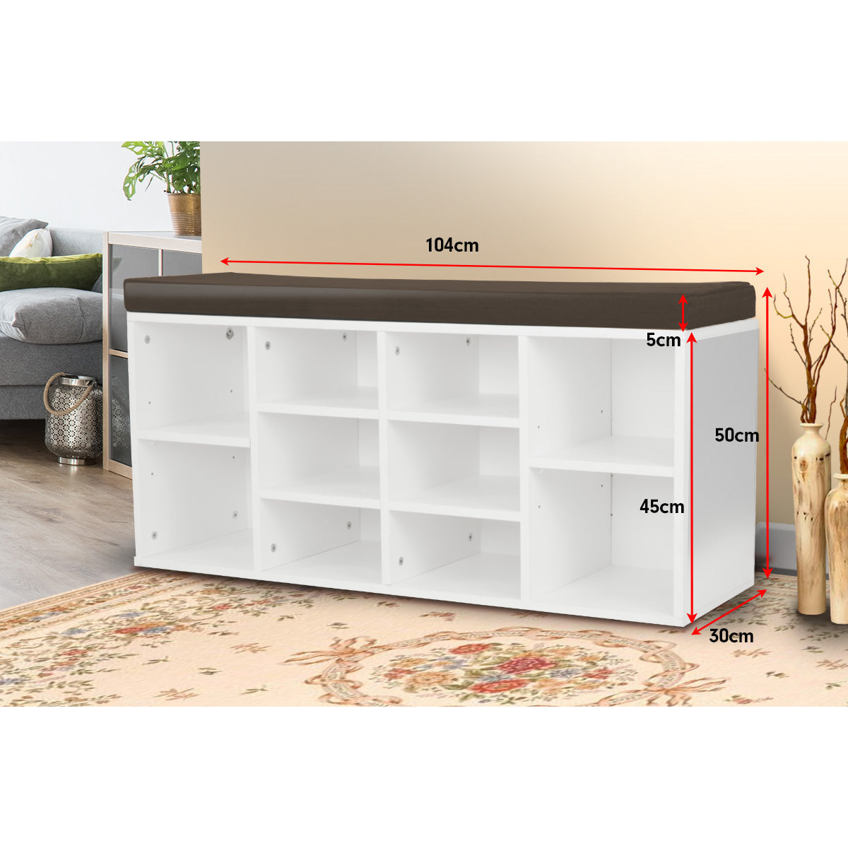 Sarantino Shoe Rack Cabinet Organiser Brown Cushion Bench Stool - 104 X 30 X 45 - White