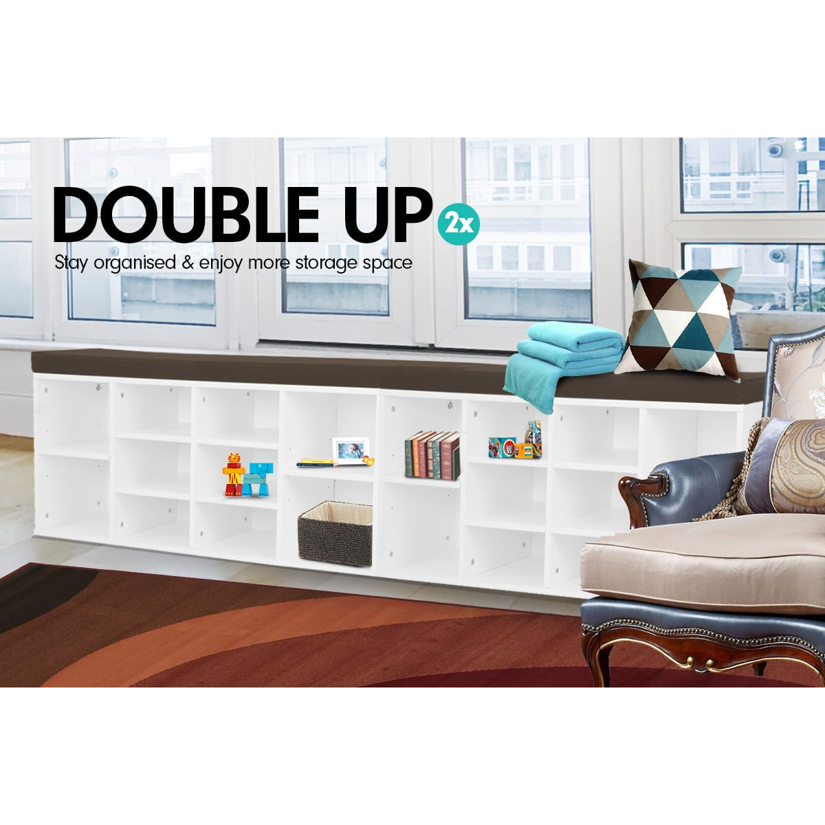 Sarantino Shoe Rack Cabinet Organiser Brown Cushion Bench Stool - 104 X 30 X 45 - White