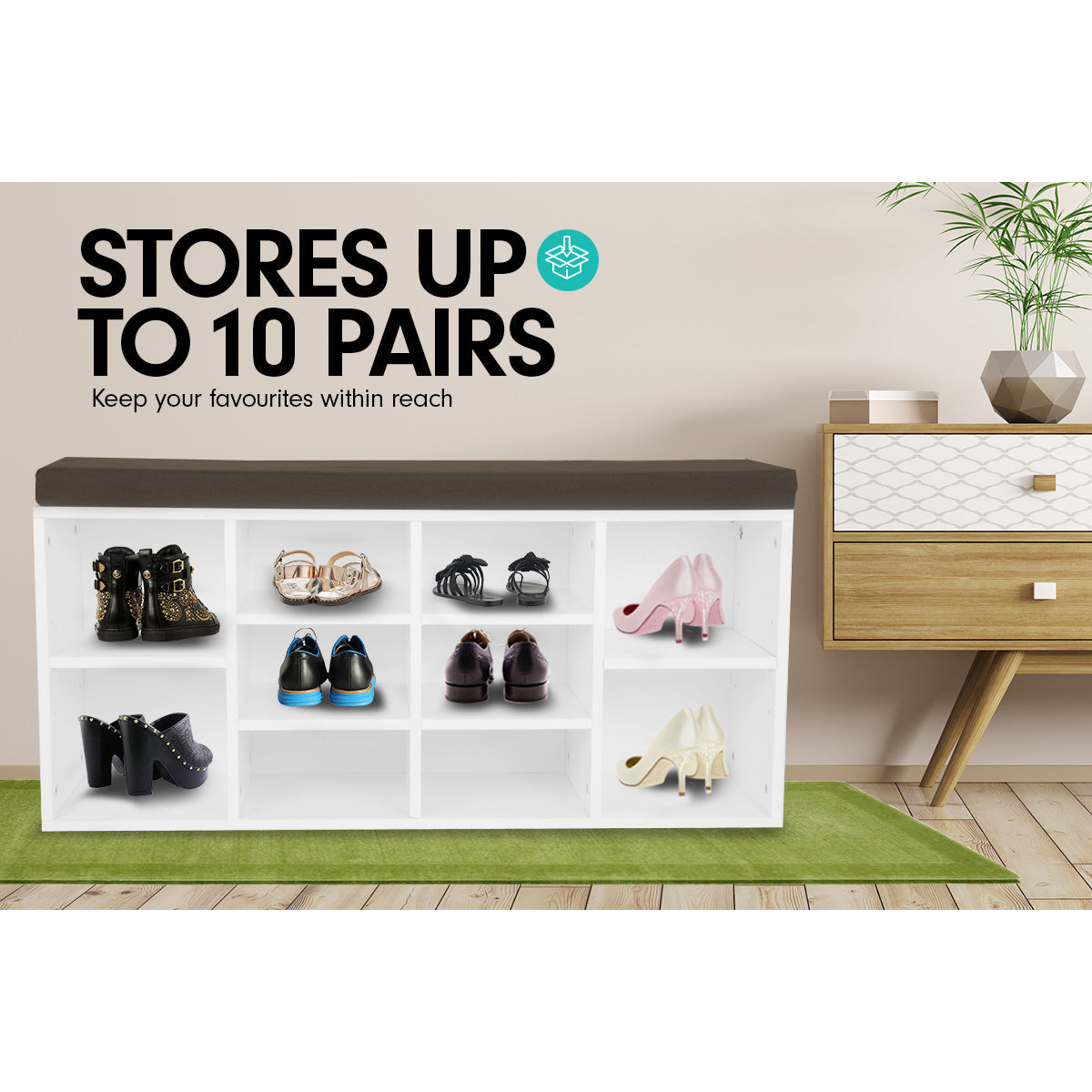 Sarantino Shoe Rack Cabinet Organiser Brown Cushion Bench Stool - 104 X 30 X 45 - White