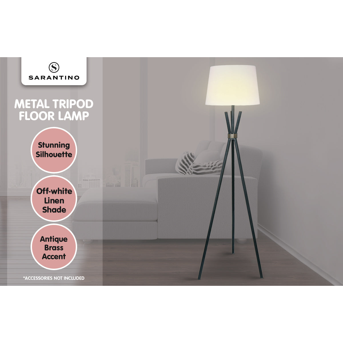 Sarantino Tripod Floor Lamp in Metal and Antique Brass