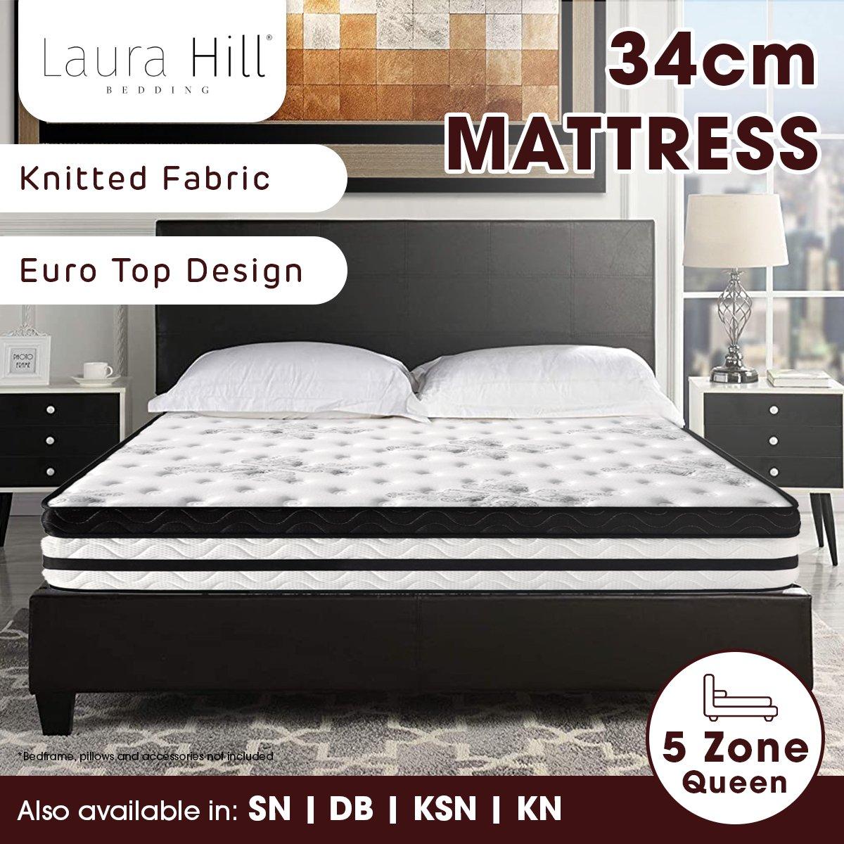 Laura Hill Queen Mattress Bed Size Euro Top 5 Zone Spring Foam 34cm Bedding