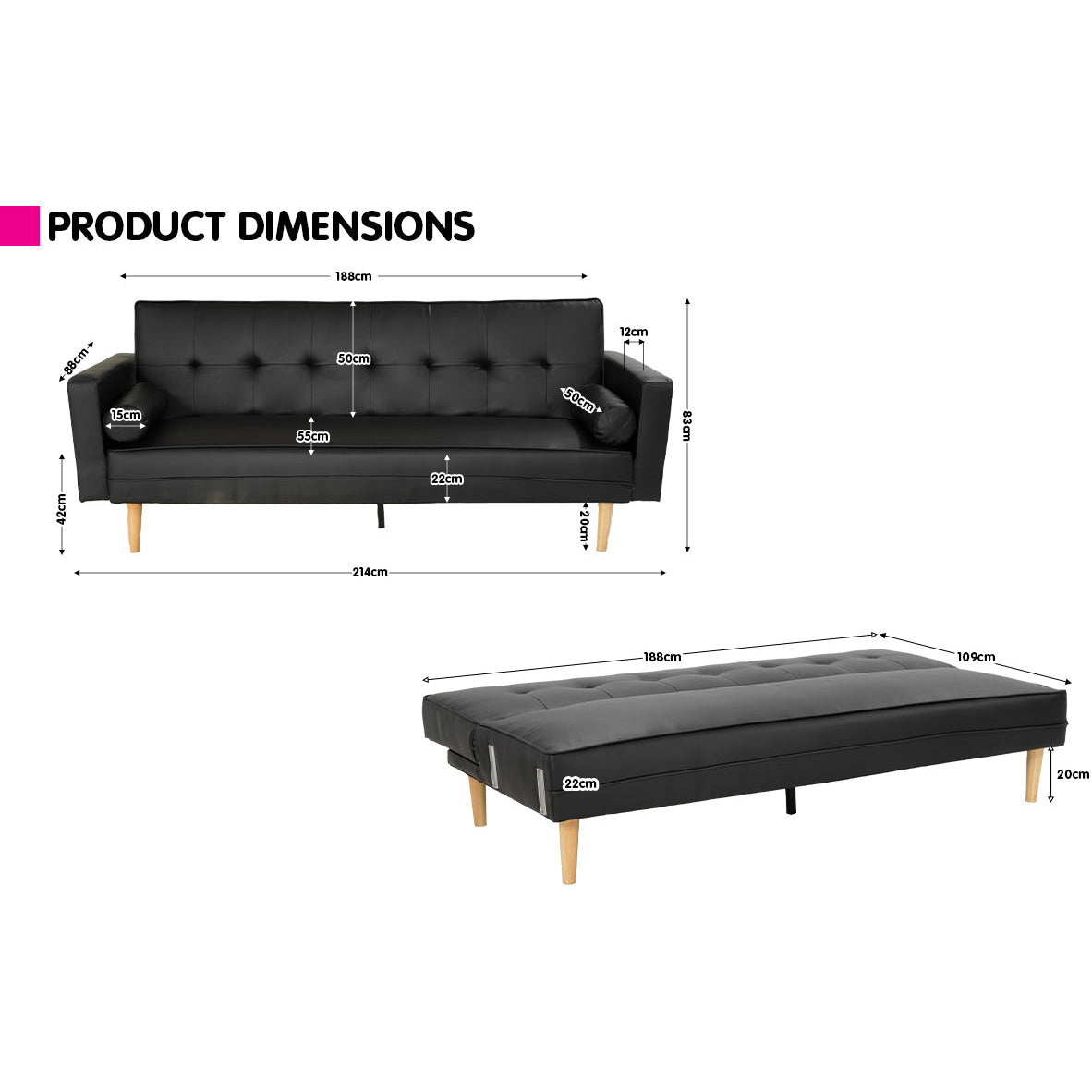 Sarantino Madison Faux Leather Sofa Bed Lounge Couch Futon Furniture Home Suite - Black