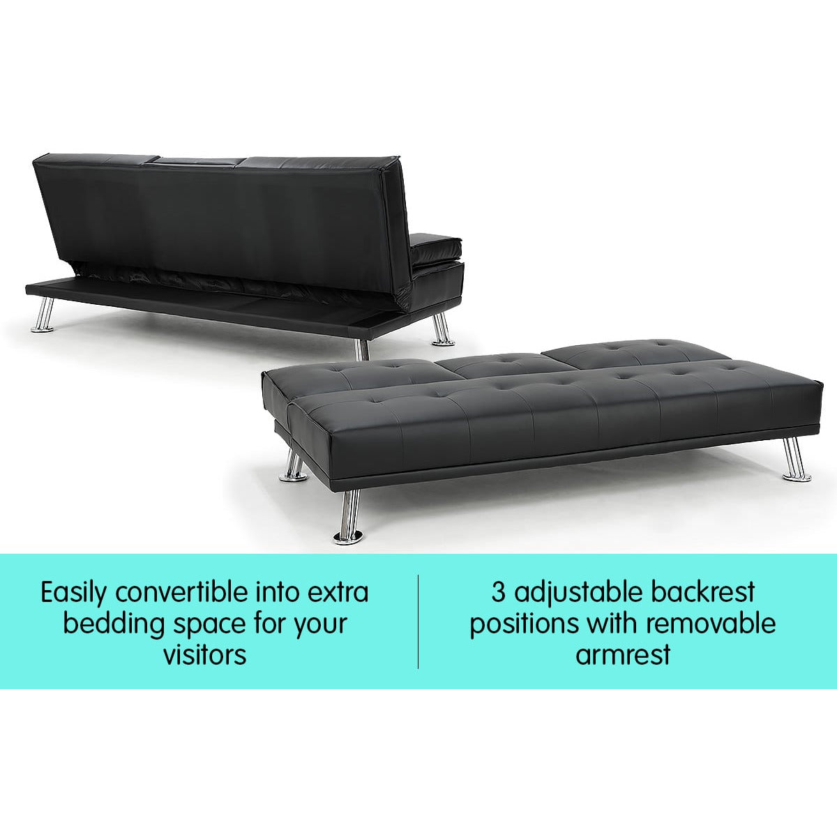 Sarantino Rochester Faux Leather Sofa Bed Lounge Couch Futon Furniture Suite - Black