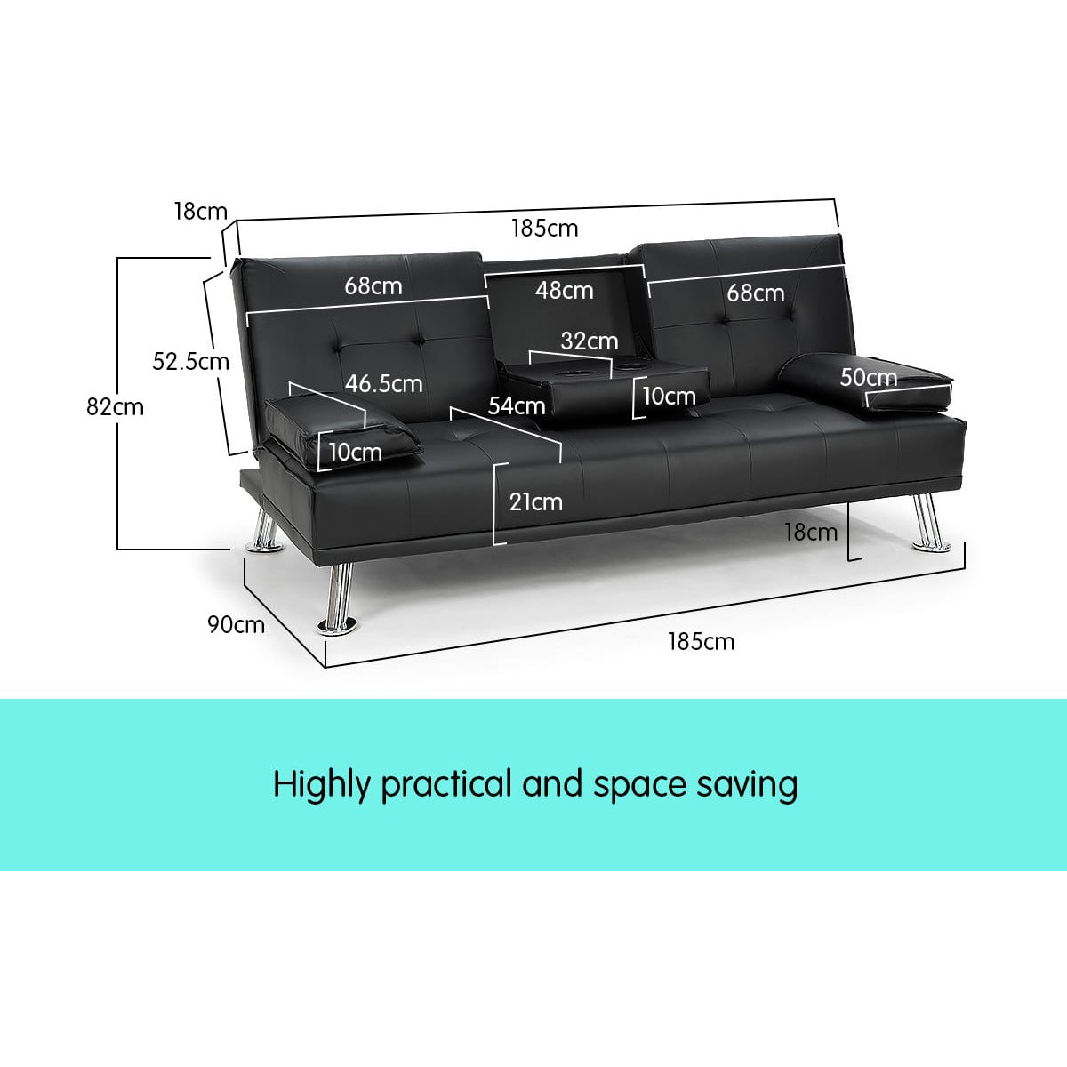 Sarantino Rochester Faux Leather Sofa Bed Lounge Couch Futon Furniture Suite - Black