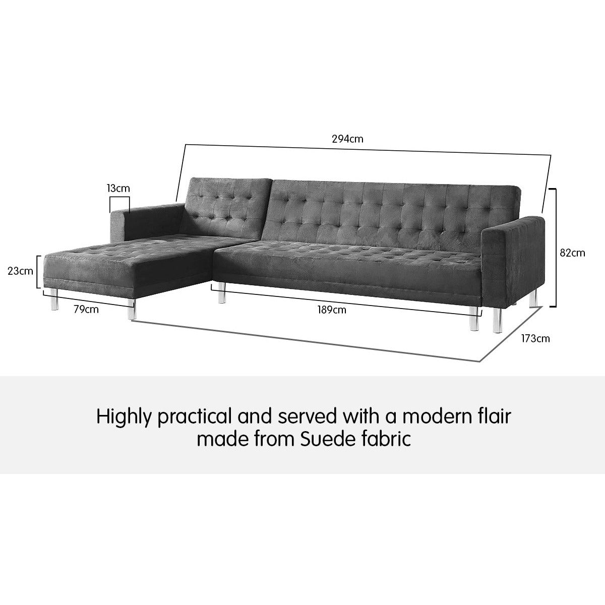 Sarantino Faux Velvet Corner Wooden Sofa Bed Couch with Chaise - Grey