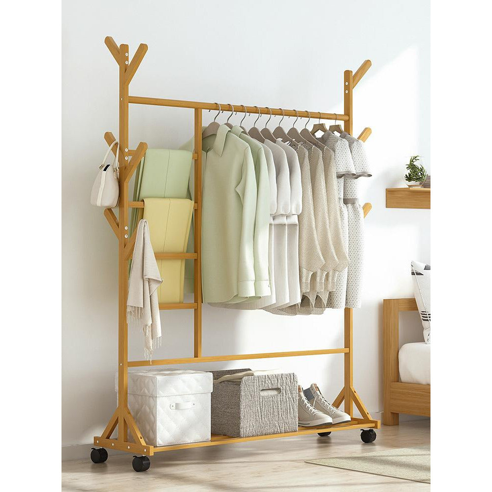 Portable Coat Stand Rack Rail Clothes Hat Garment Hanger Hook with Shelf Bamboo 9 Hook with Rack Rail Natural Finished