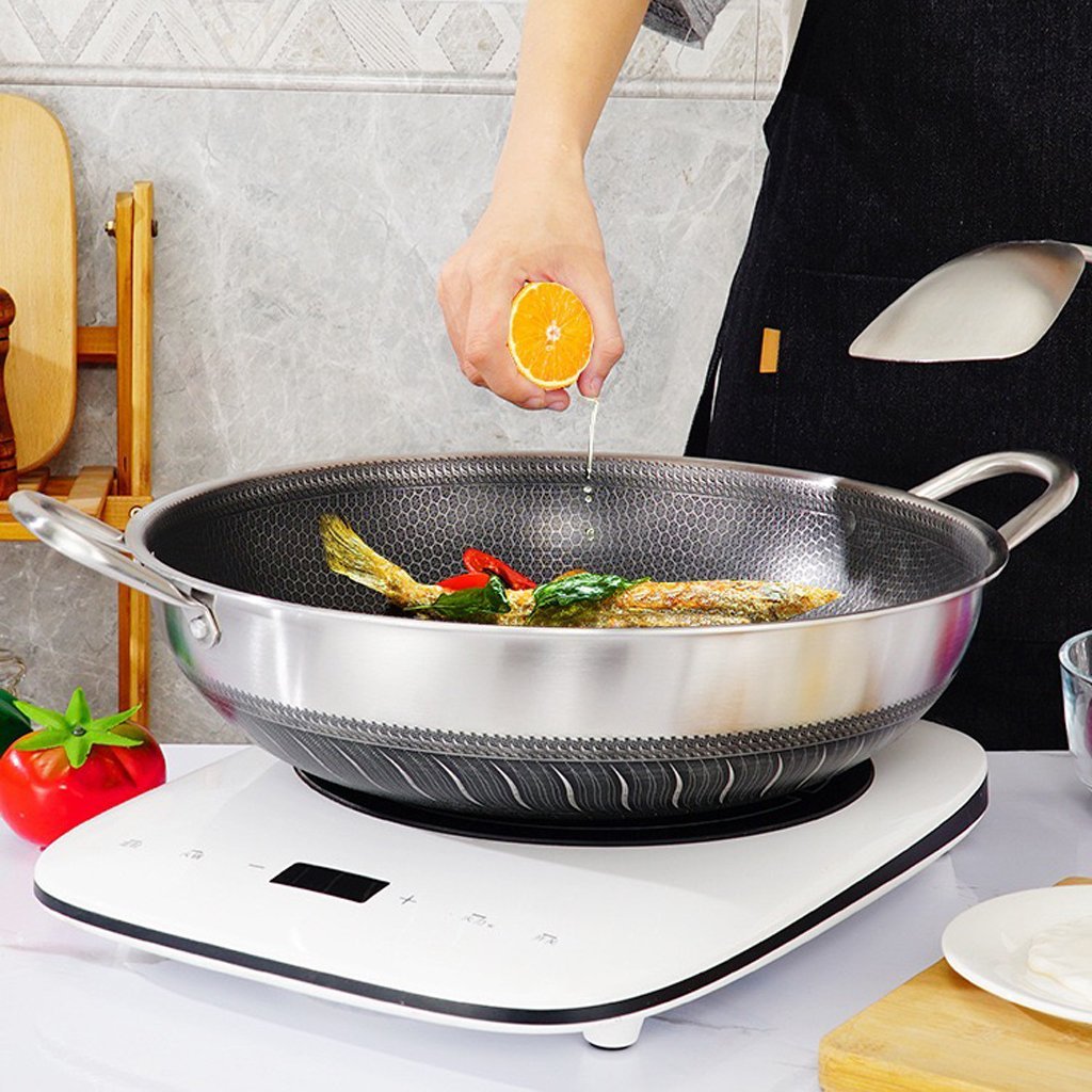 304 Stainless Steel 36cm Non-Stick Stir Fry Cooking Kitchen Wok Pan with Lid Honeycomb Double Sided