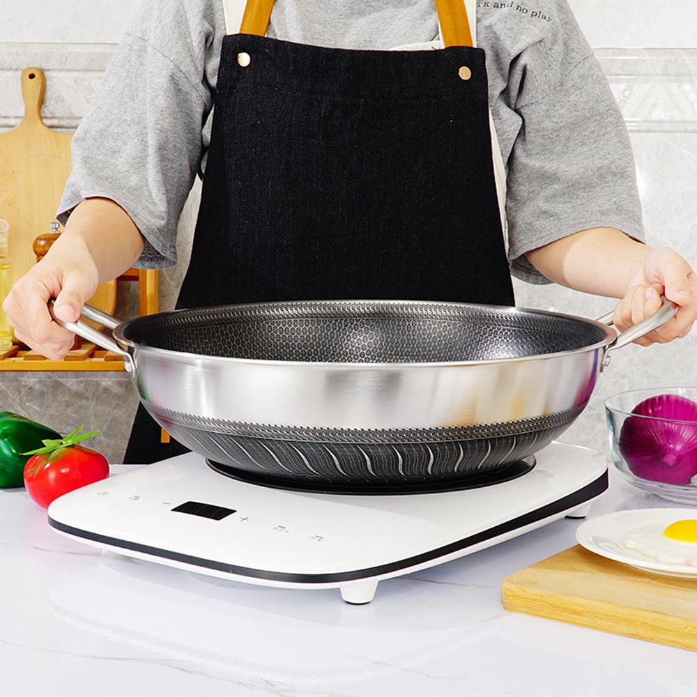 304 Stainless Steel 36cm Non-Stick Stir Fry Cooking Kitchen Wok Pan with Lid Honeycomb Double Sided