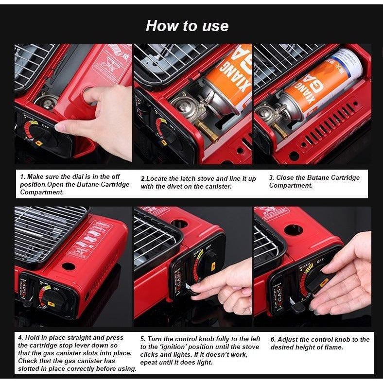 Portable Gas Stove Burner Butane BBQ Camping Gas Cooker With Non Stick Plate Black with Fish Pan and Lid