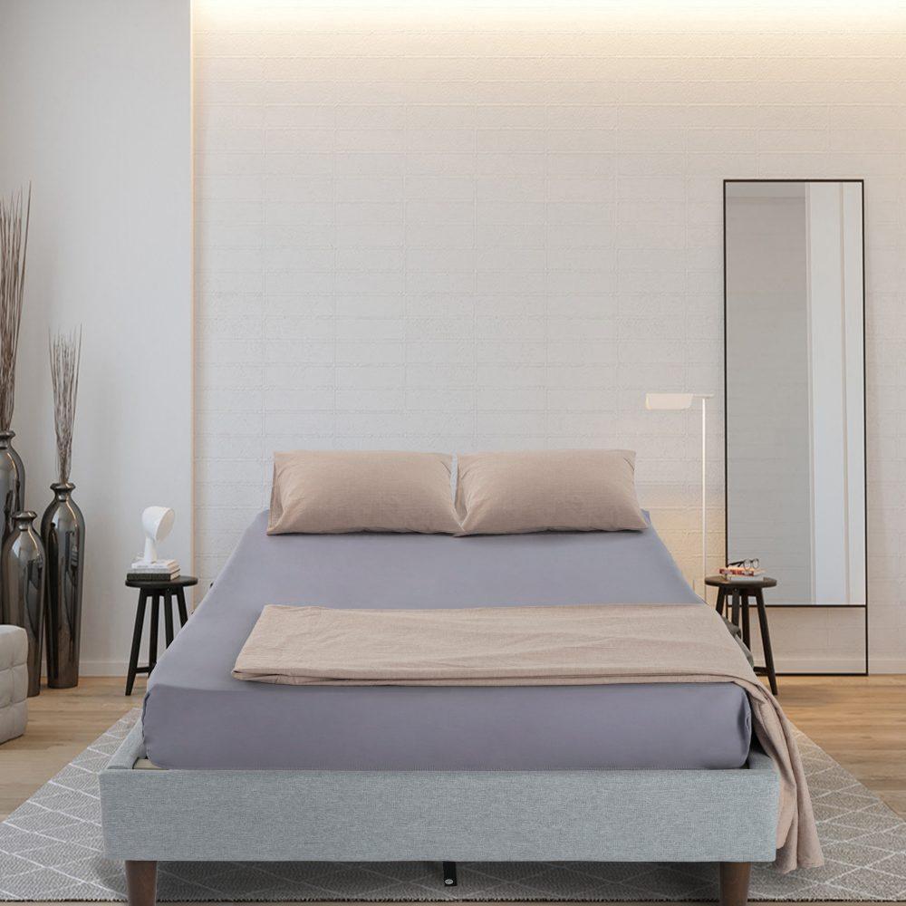 Bedframe with Wooden Slats (Light Grey) – Queen