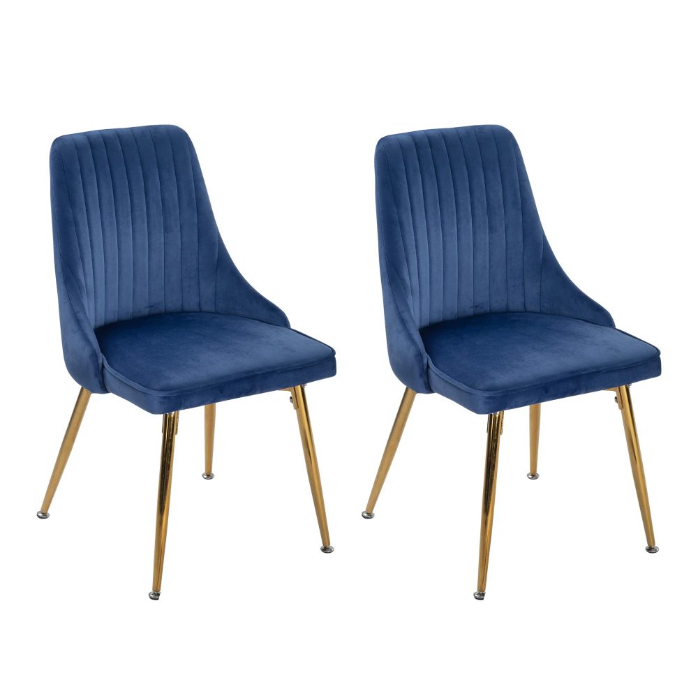 Viva Forever Set of 2 Blue Velvet Dining Chairs – Art Deco Design with Gold Metal Legs