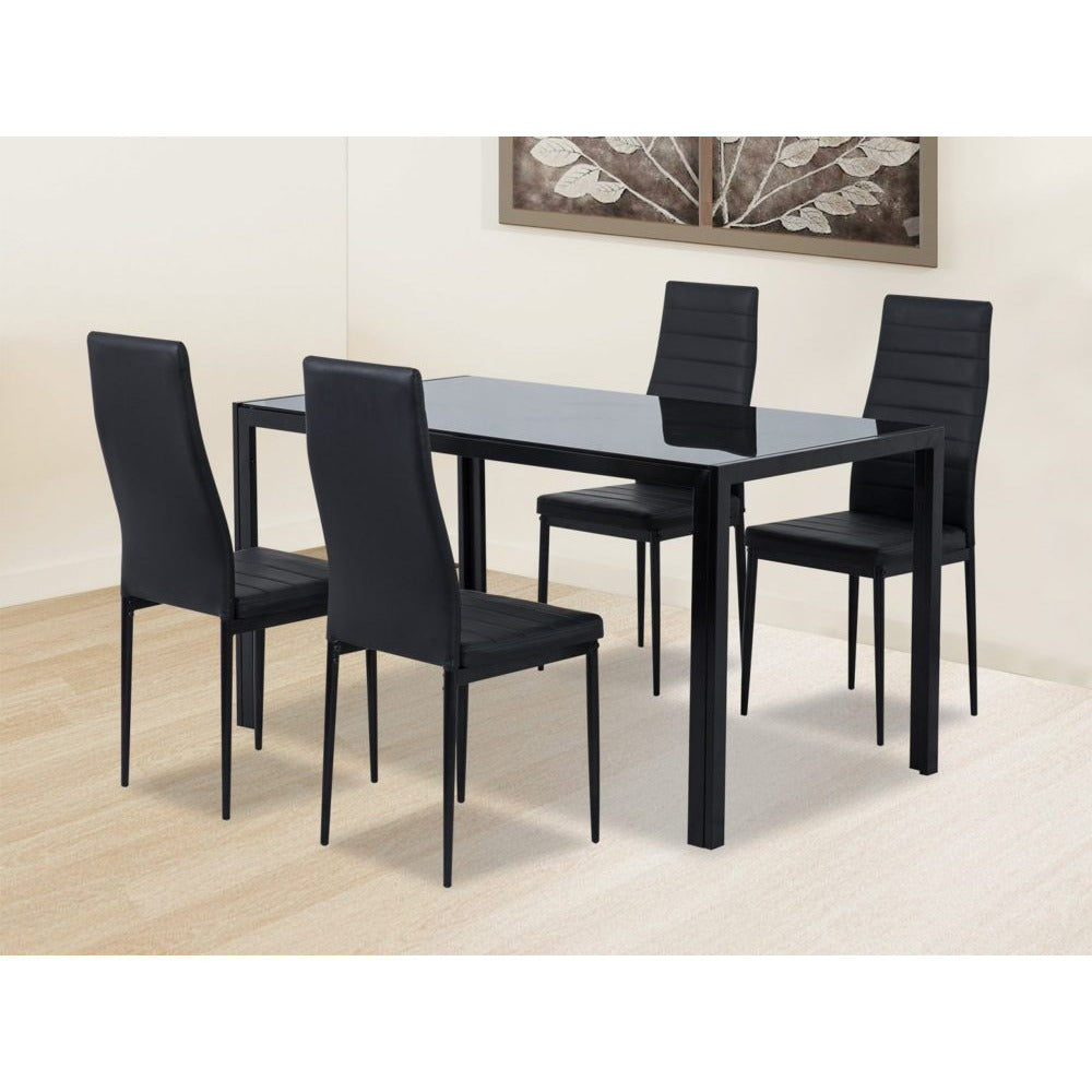 5PC Indoor Dining Table and Chairs Dinner Set Glass Leather Kitchen-Black
