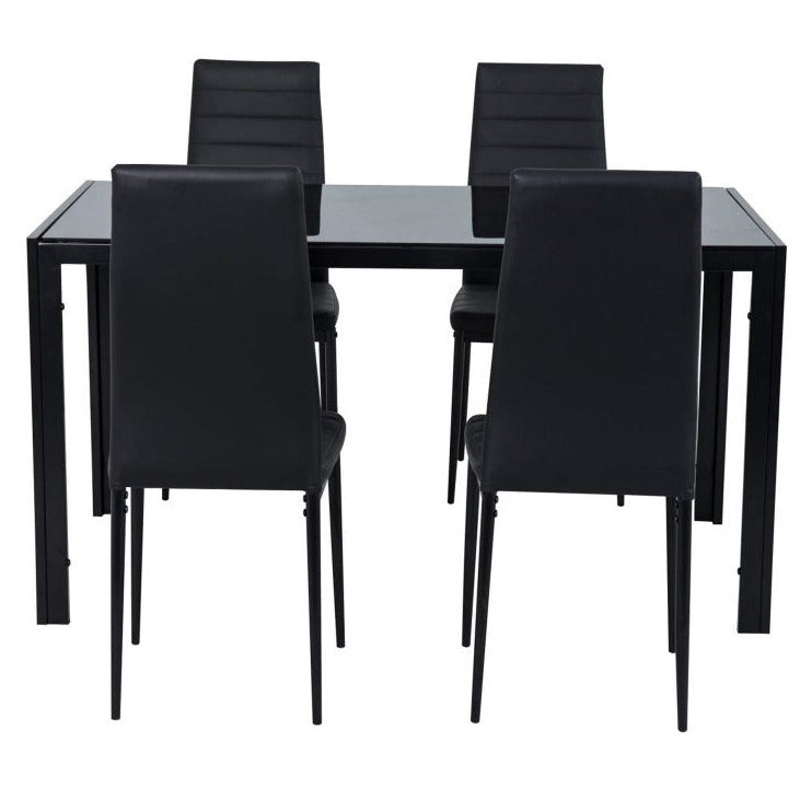5PC Indoor Dining Table and Chairs Dinner Set Glass Leather Kitchen-Black