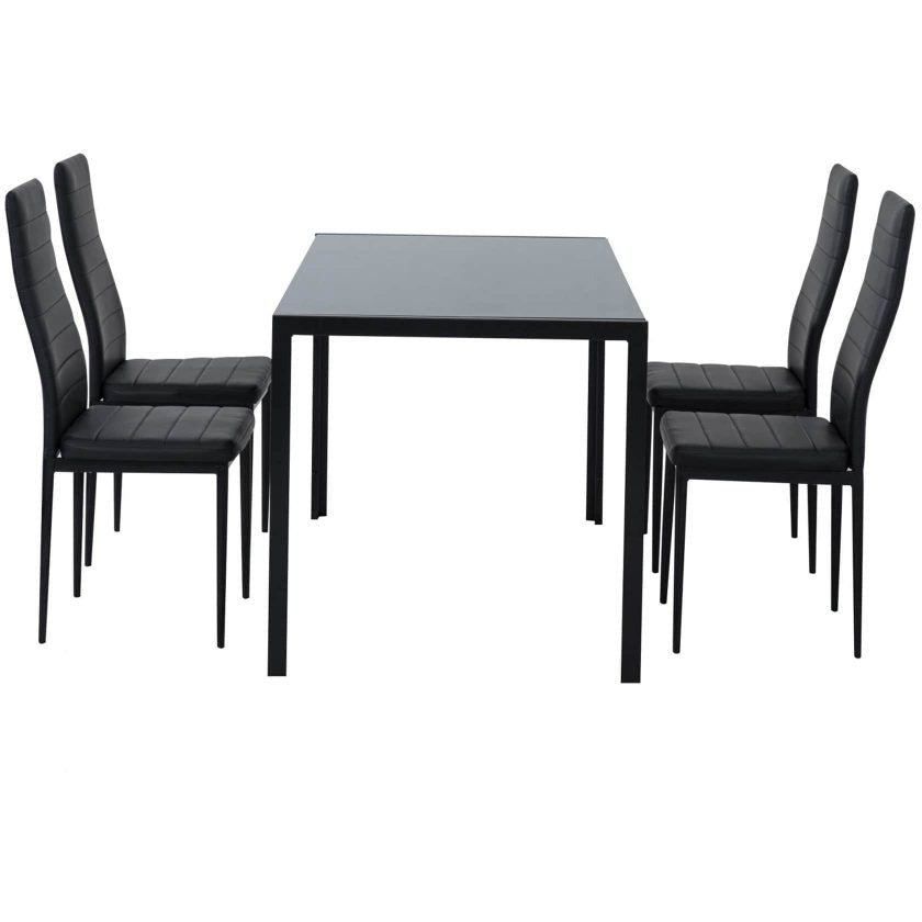 5PC Indoor Dining Table and Chairs Dinner Set Glass Leather Kitchen-Black