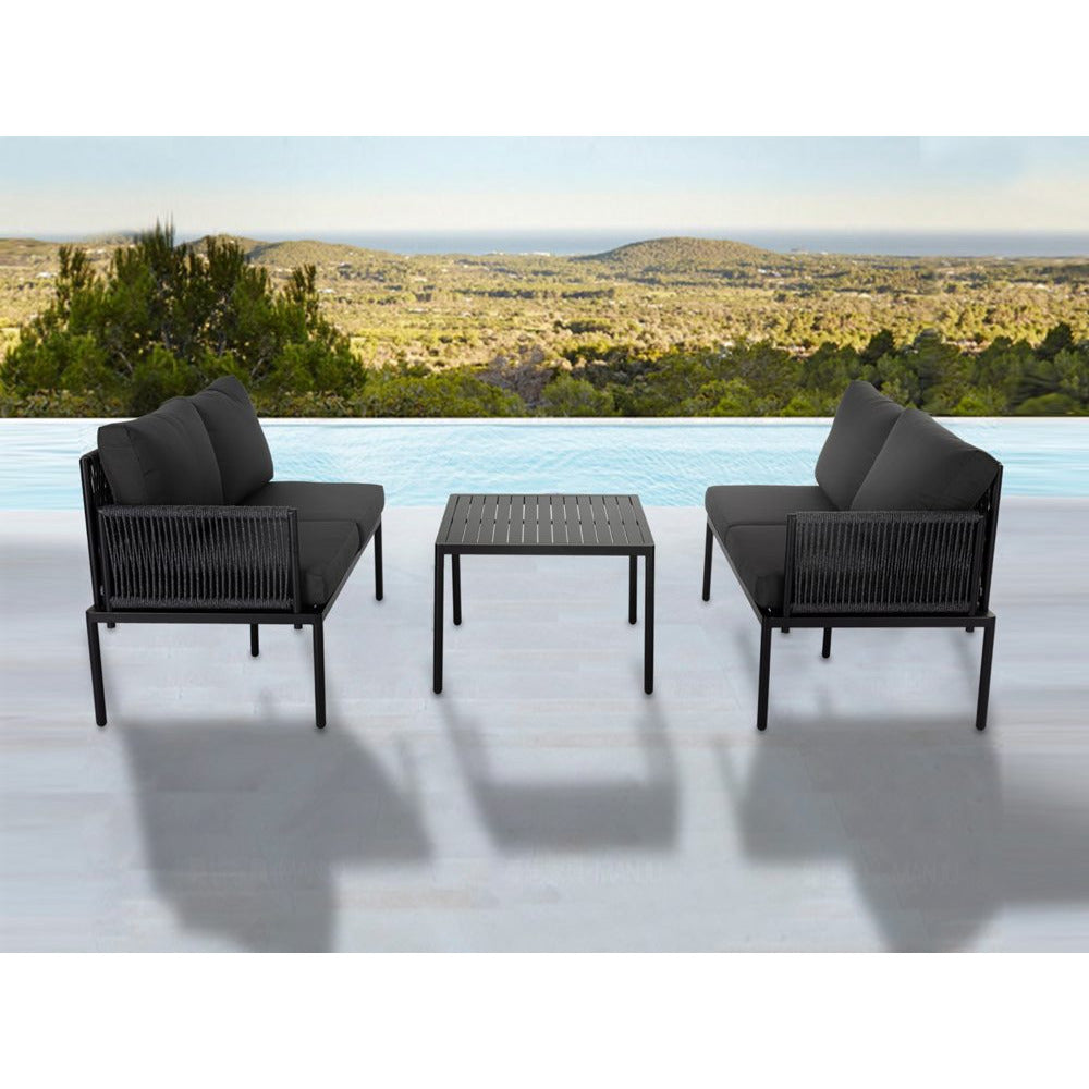Eden 4-Seater Outdoor Lounge Set with Coffee Table in Black - Stylish Textile and Rope Design